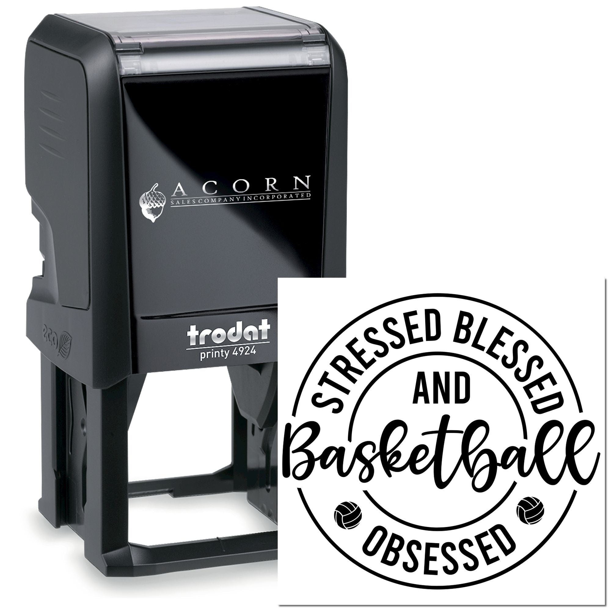 Custom self-inking rubber stamp with Stressed Blessed and Obsessed Basketball design for basketball teams, coaches, and fans.