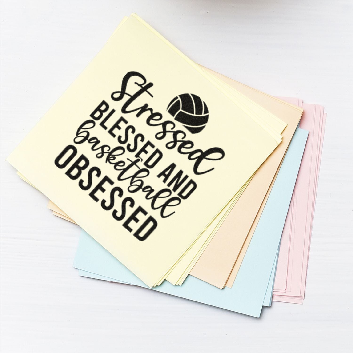 Basketball-themed rubber stamp design reading Stressed, Blessed and Obsessed for sports crafts, cards, and scrapbook projects.