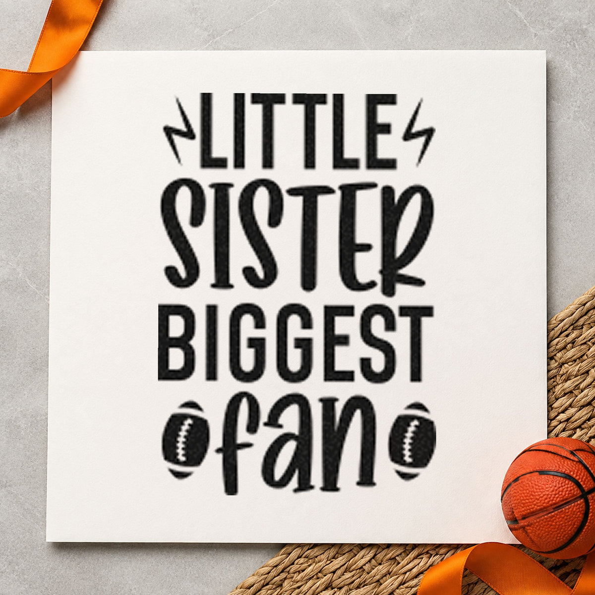 Little Sister Biggest Fan craft stamp in black ink on cardstock, an easy option for sibling album page.