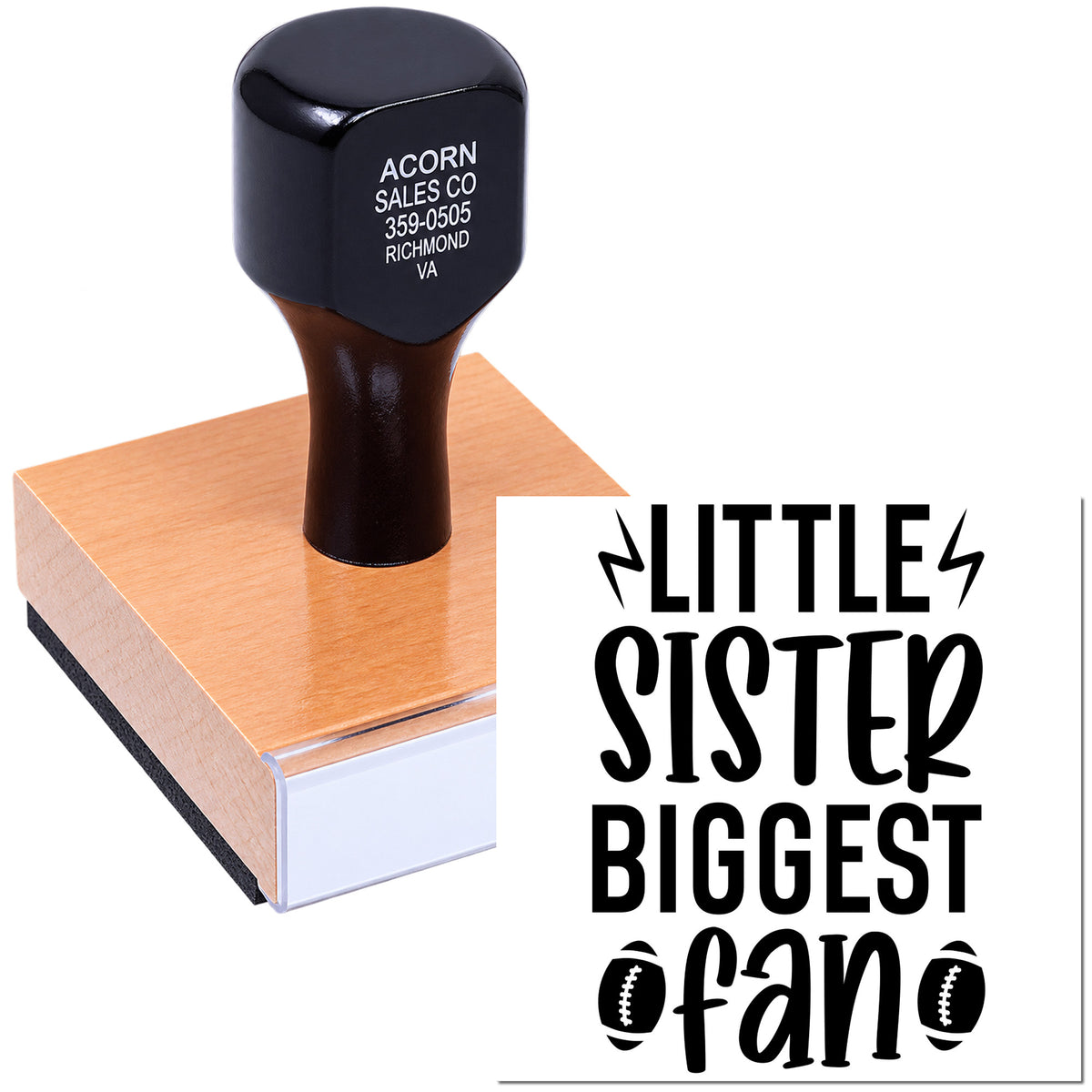 Custom rubber stamp featuring Little Sister Biggest Fan with football icons, ideal for sports-themed crafts, cards and gifts.