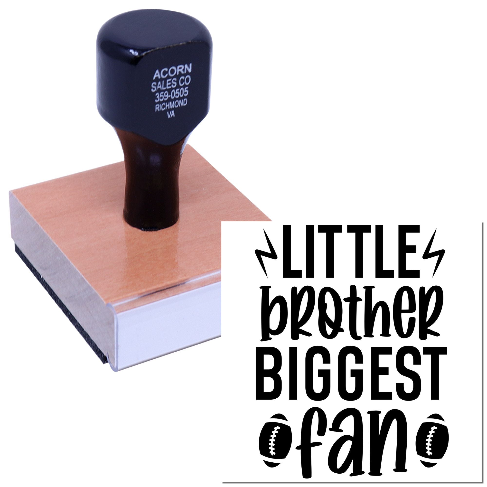 Custom rubber stamp design reading Little Brother, Biggest Fan with football icons for sports-themed crafts and gifts.