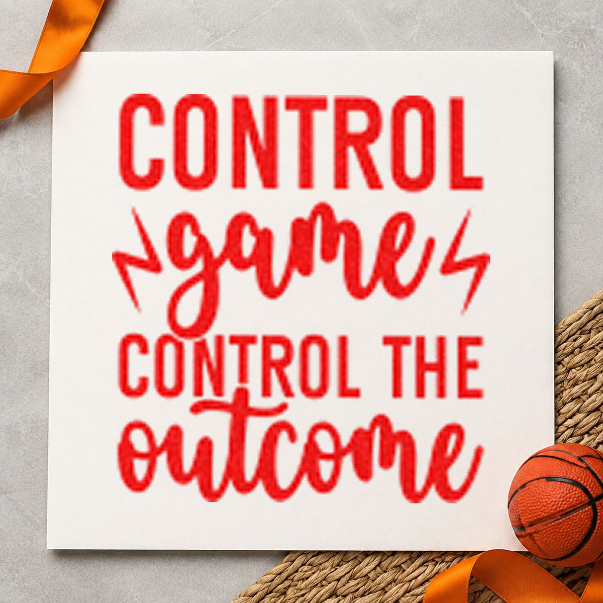 Control Game Control Outcome craft stamp imprint in red ink on a handmade project, one idea being play read cards.