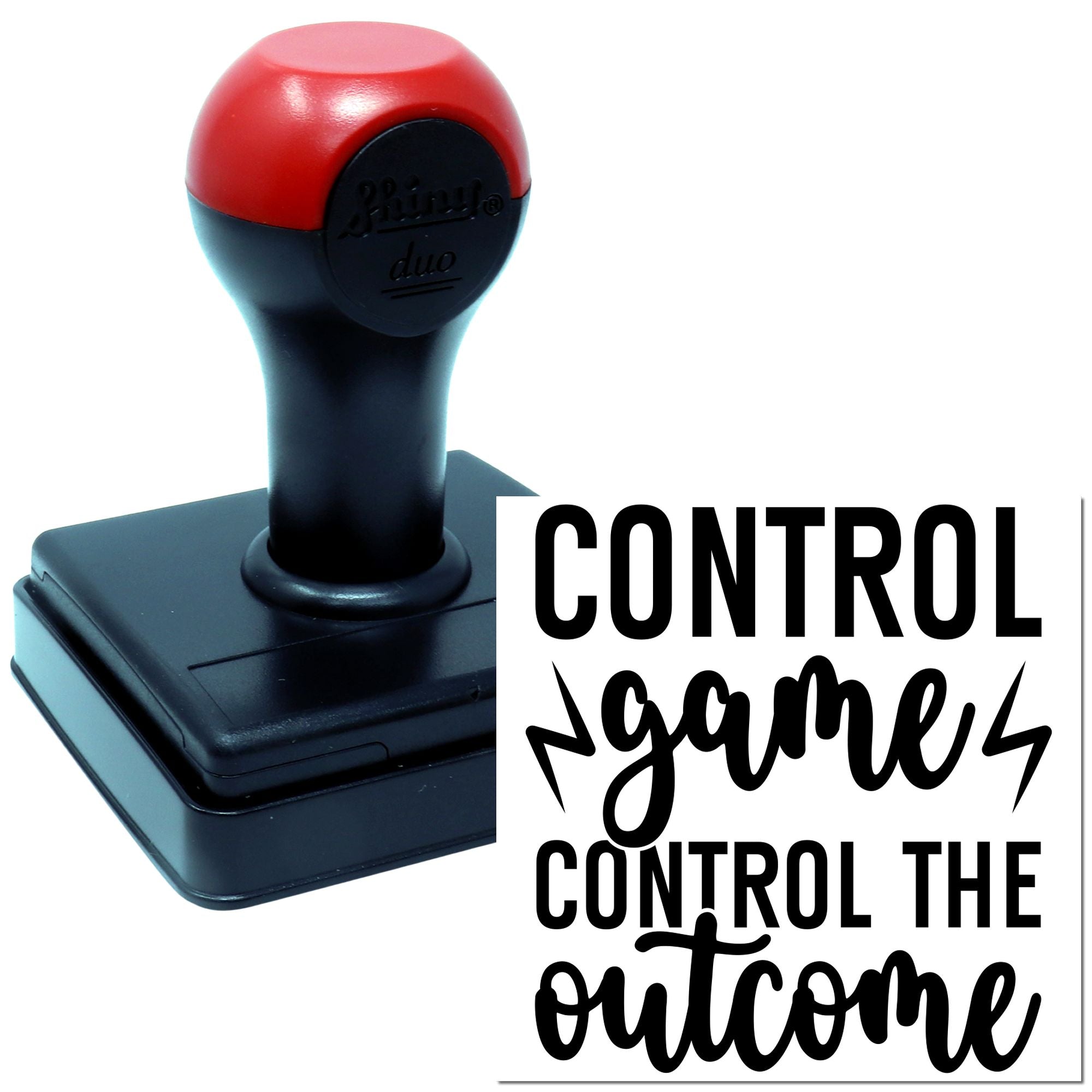 Custom self-inking rubber stamp with bold control the outcome quote design for business branding.