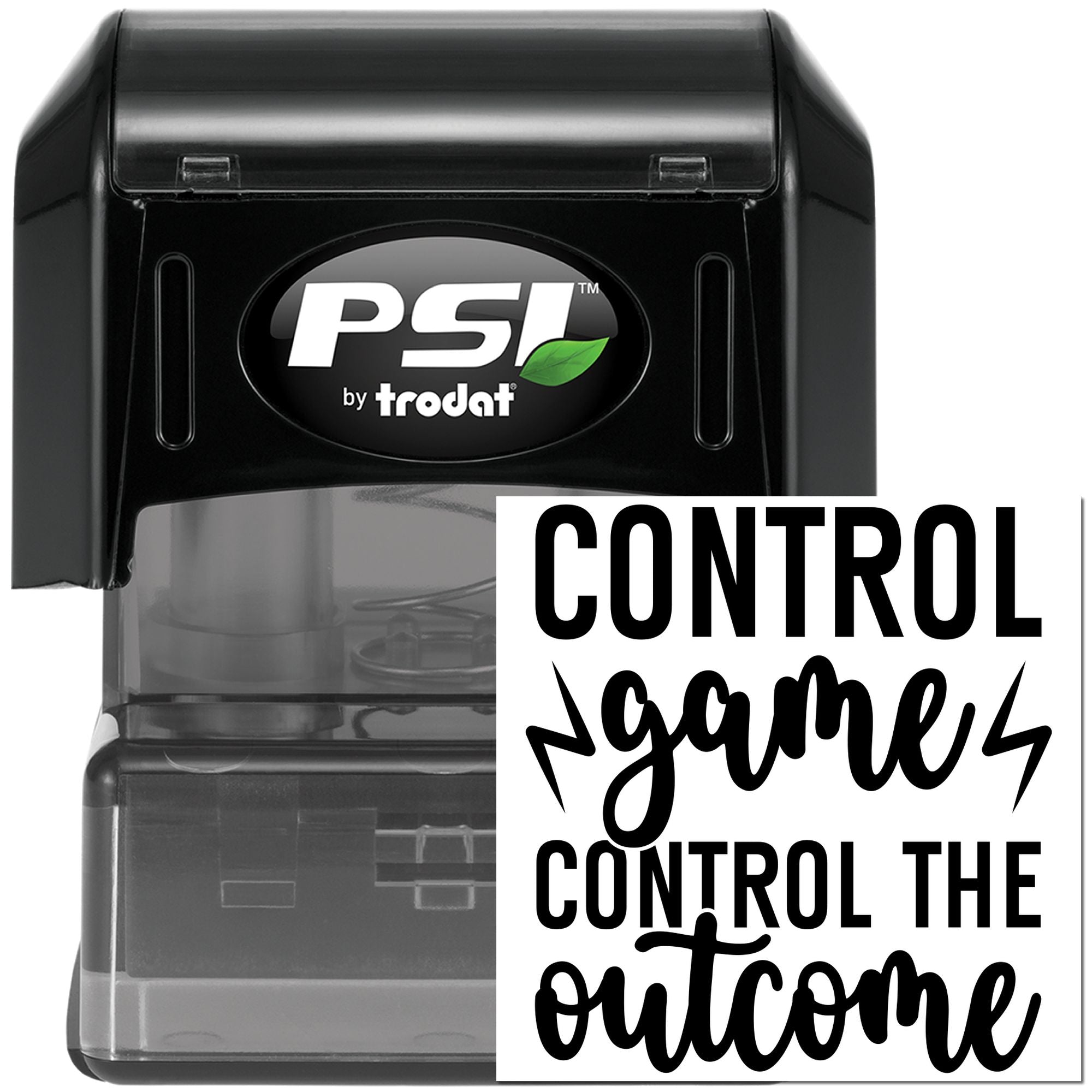 PSI by Trodat self-inking rubber stamp showing a custom Control the Outcome imprint for office and business use.