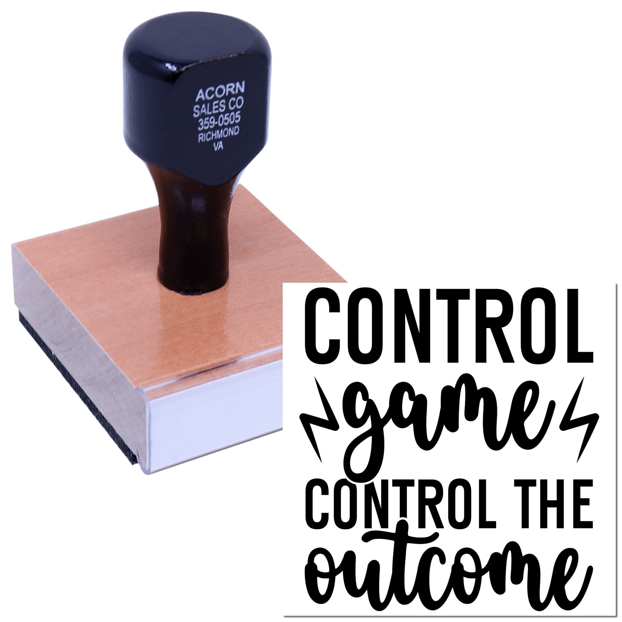 Custom rubber stamp control image sample with logo impression and Control the outcome design on a stamp block.