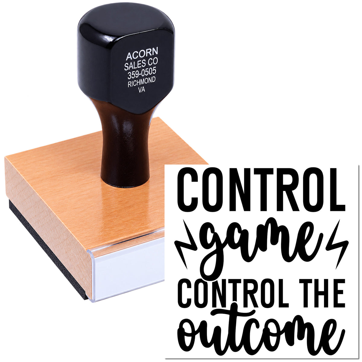 Custom rubber stamp control image sample with logo impression and Control the outcome design on a stamp block.