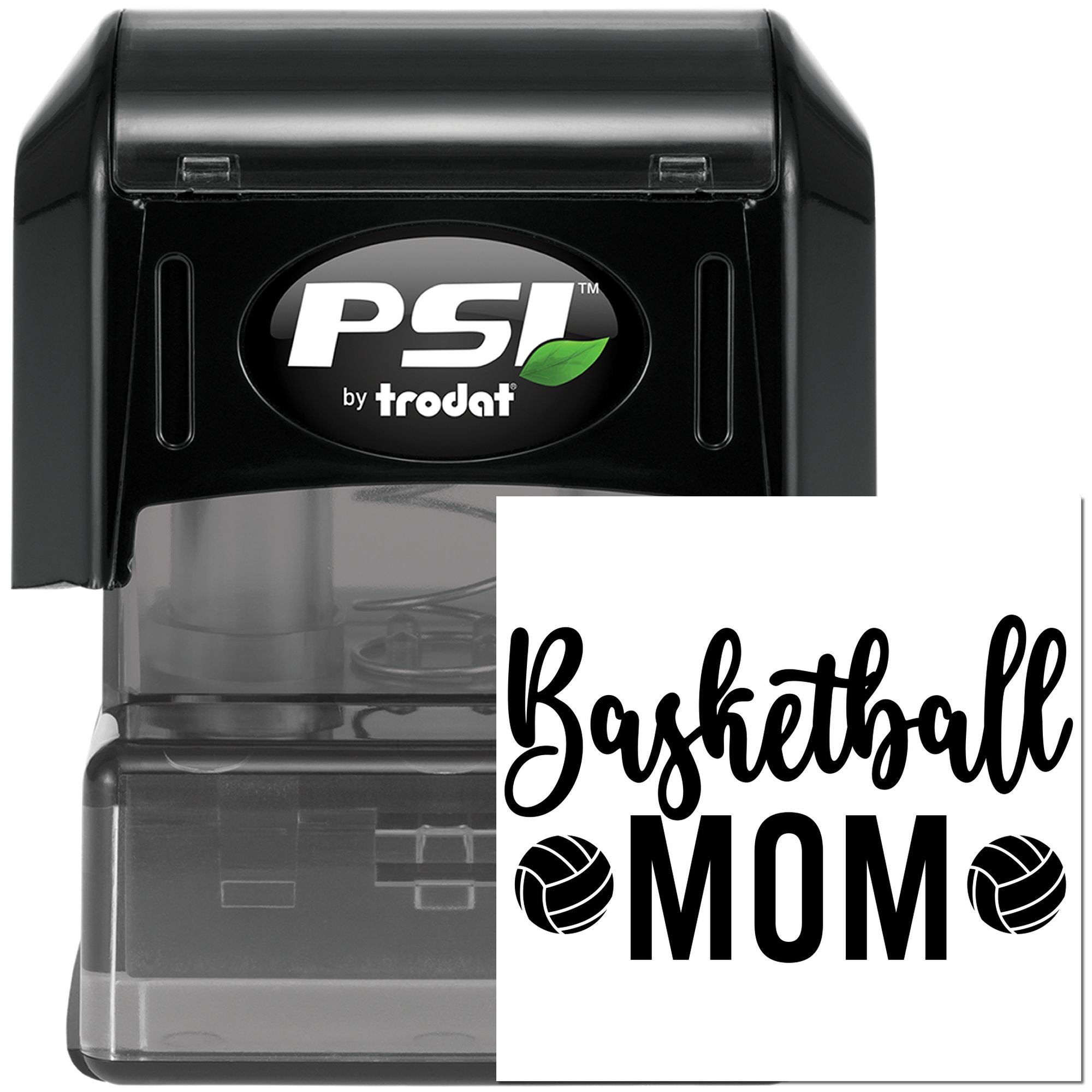 Basketball Mom custom self-inking rubber stamp by PSI Trodat for sports parents and personalized crafting.
