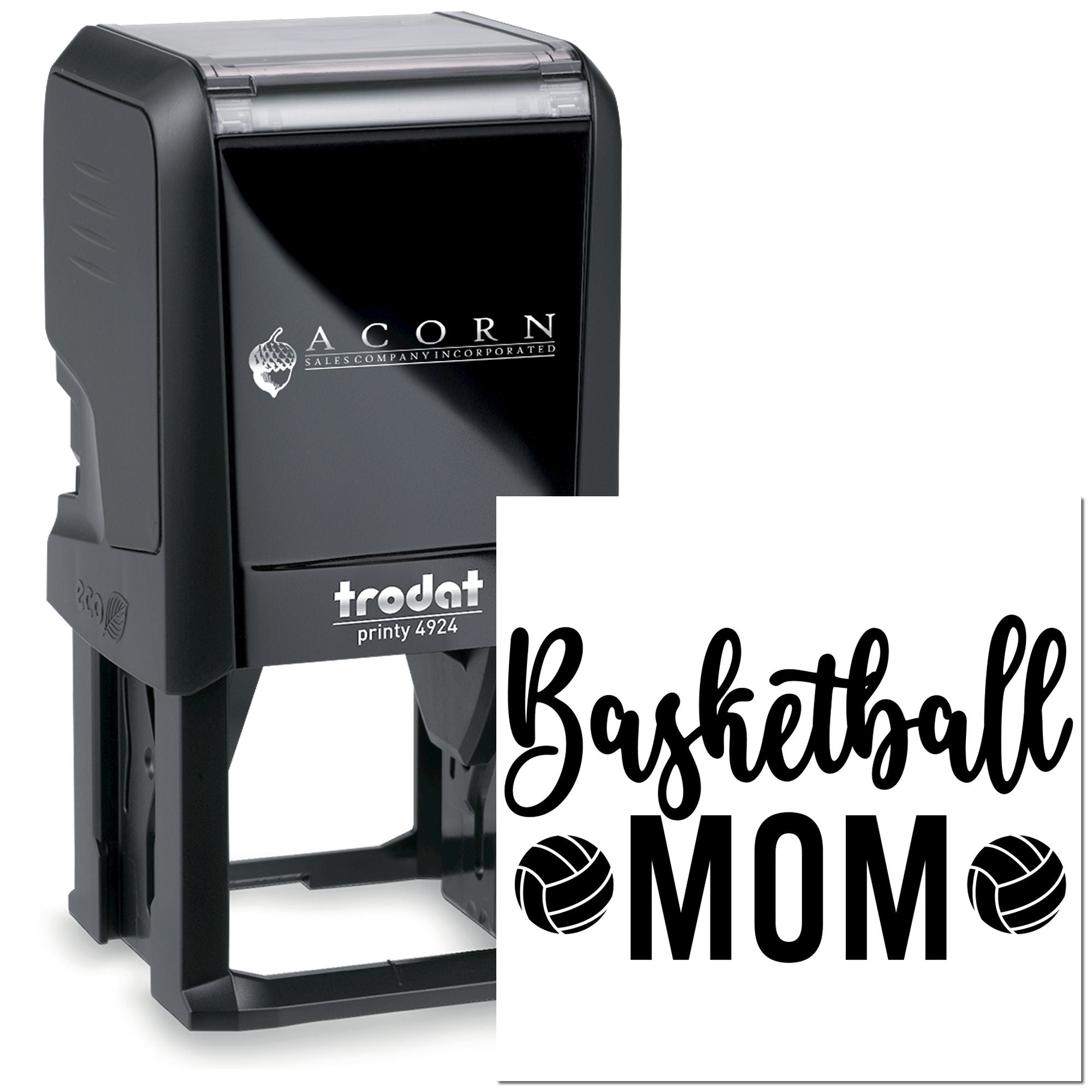Custom self-inking basketball mom rubber stamp with personalized Trodat Printy 4924 design for sports-themed gifts and crafts.