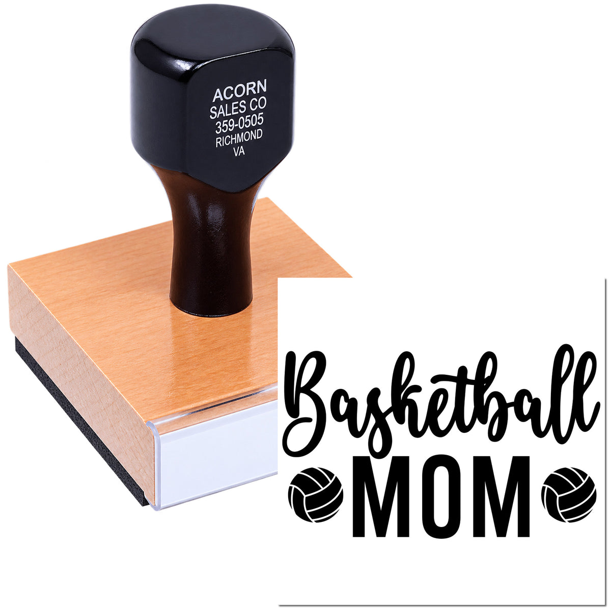 Personalized rubber stamp with basketball mom design, ideal for custom logo and business imprinting.