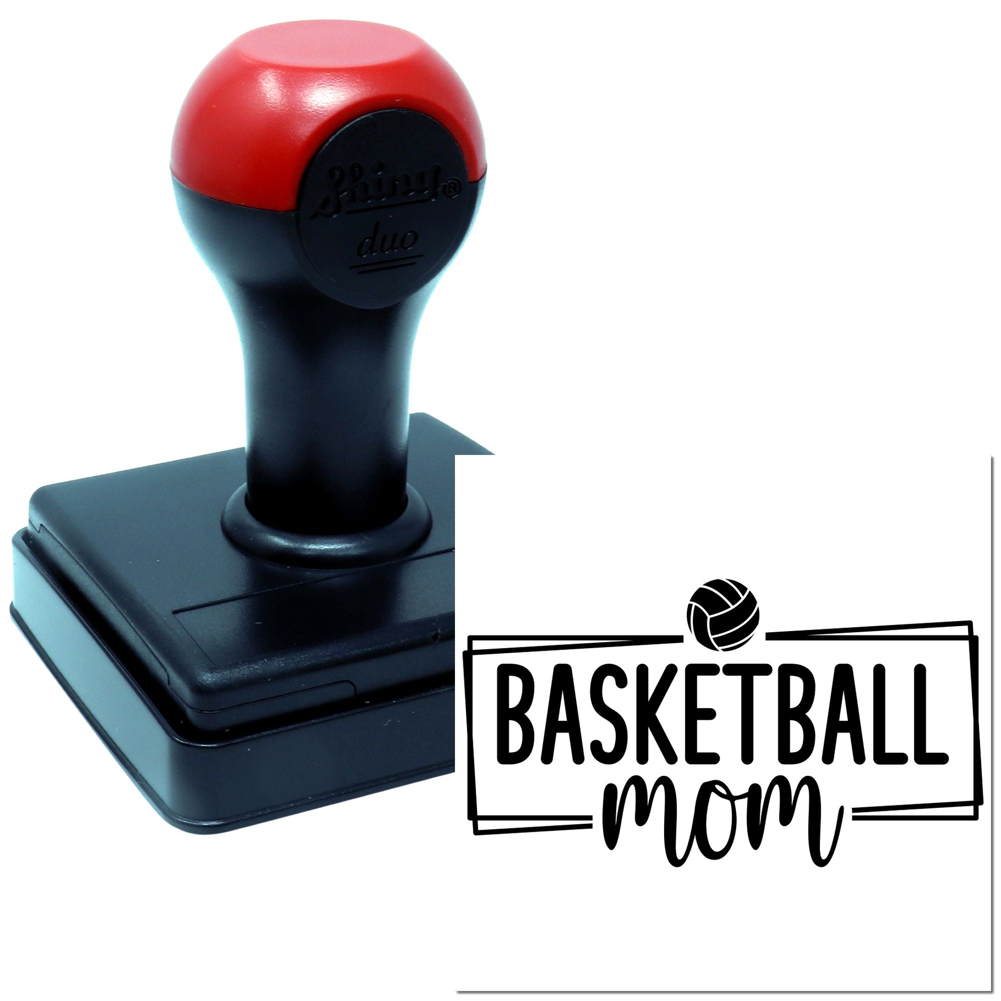 Self-inking basketball mom rubber stamp with basketball icon for custom sports crafts, cards, gifts and team stationery.