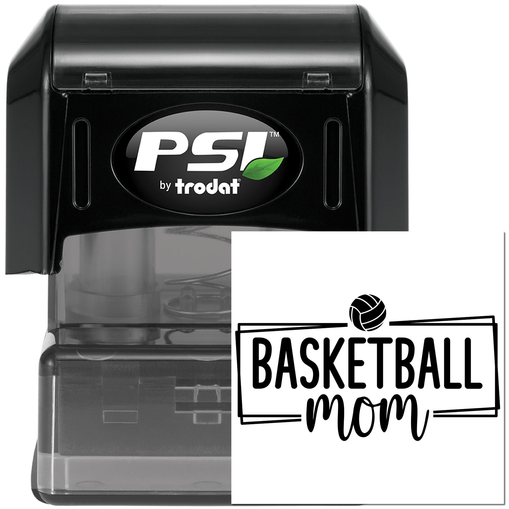 PSI by Trodat self-inking rubber stamp with custom Basketball Mom design, ideal for personalized sports crafts and team gifts.