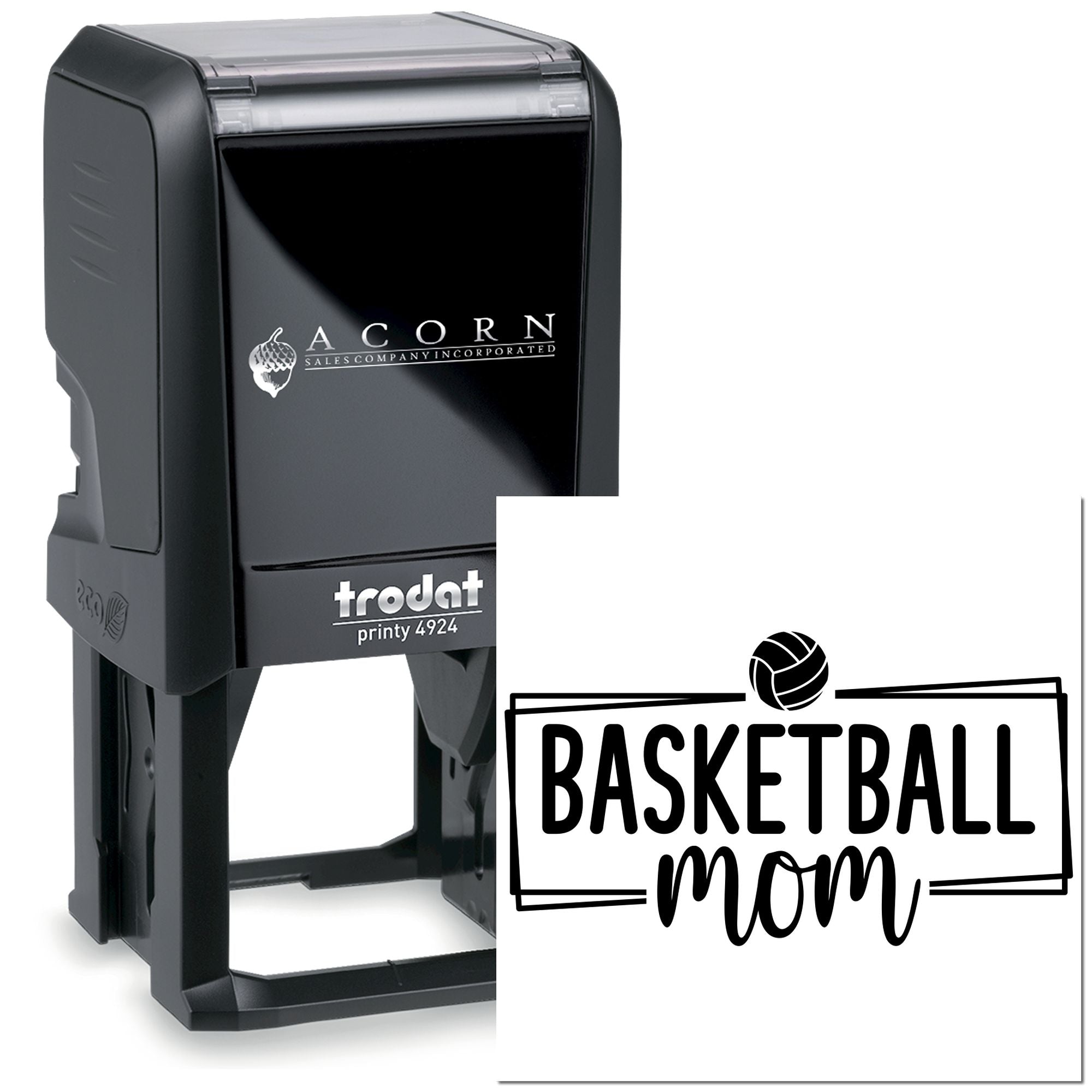 Custom self-inking rubber stamp with Basketball Mom design, ideal for personalized sports-themed branding and crafts.