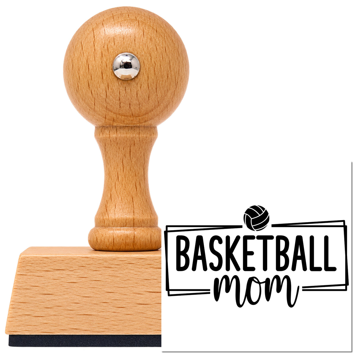 Basketball Mom Rectangular Frame Vintage Pro rubber stamp in European beech wood with a round knob handle, shown beside its black imprint.