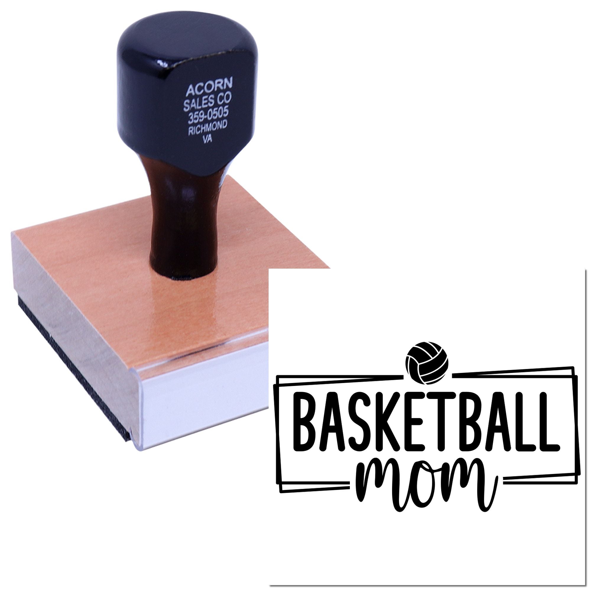 Custom basketball mom rubber stamp with wood handle, creating personalized sports fan impressions for cards, packaging, or crafts.