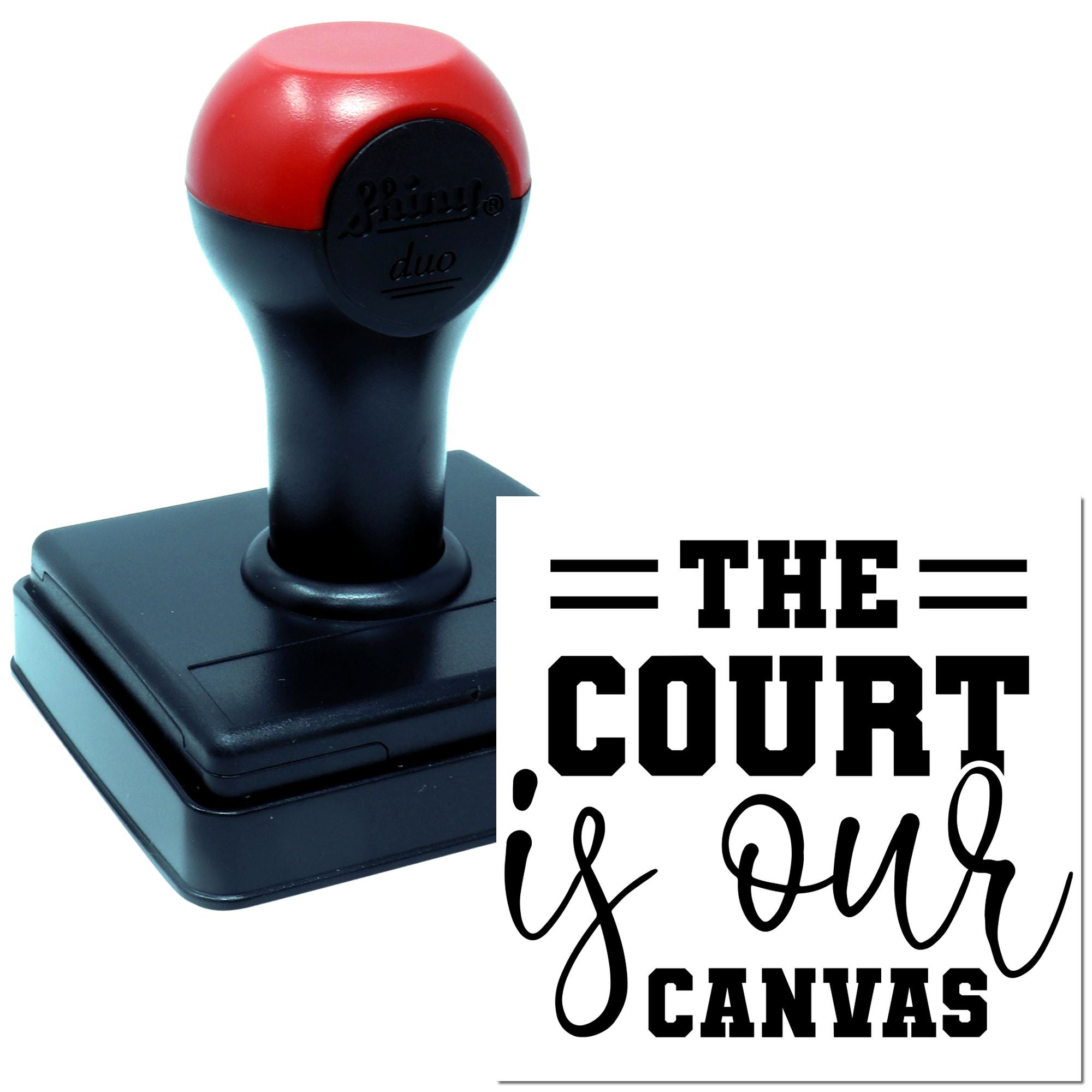 Custom self-inking rubber stamp with THE COURT is our CANVAS design for sports branding and crafting.
