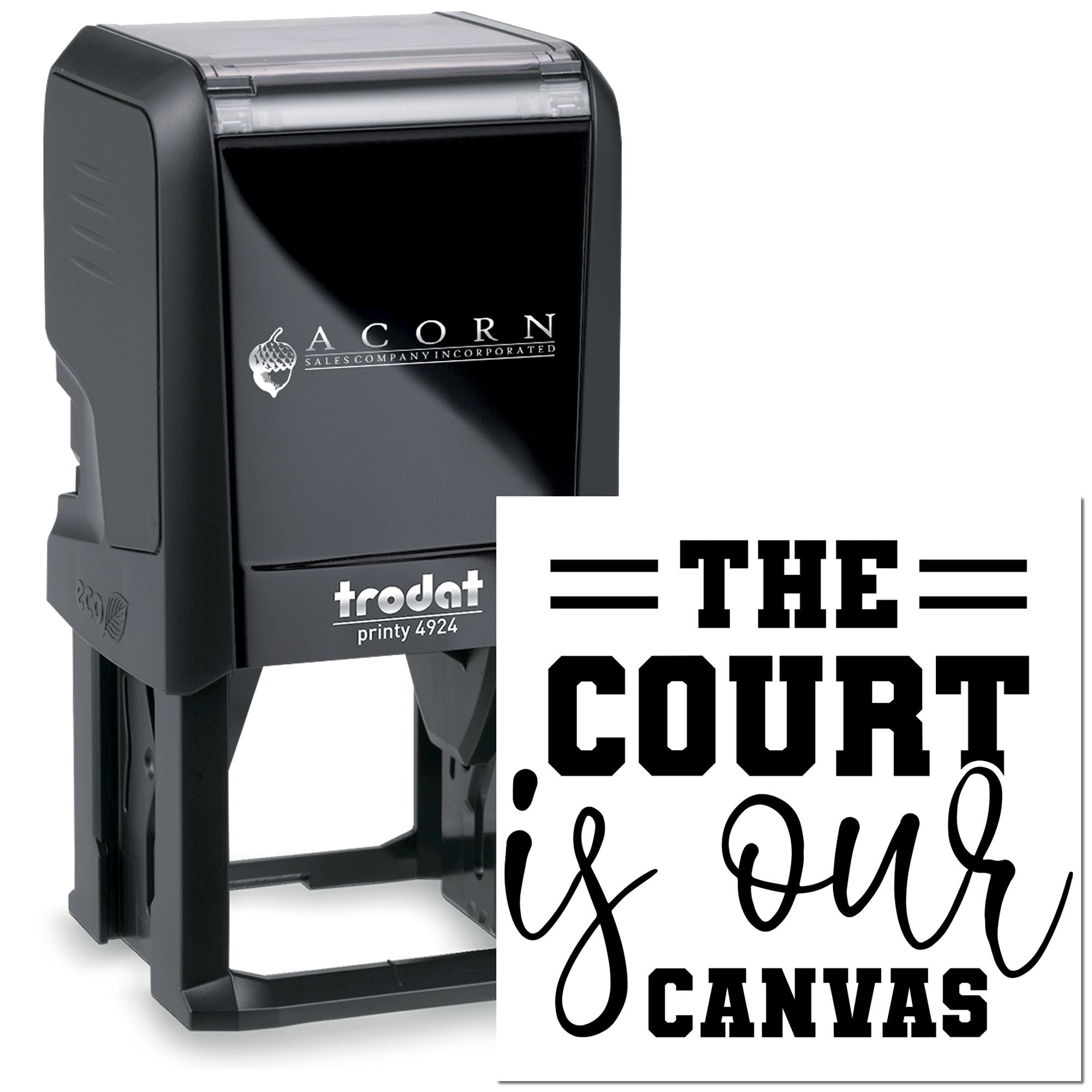 Trodat Printy 4924 self-inking rubber stamp with custom court-themed imprint, ideal for legal offices and personalized branding.