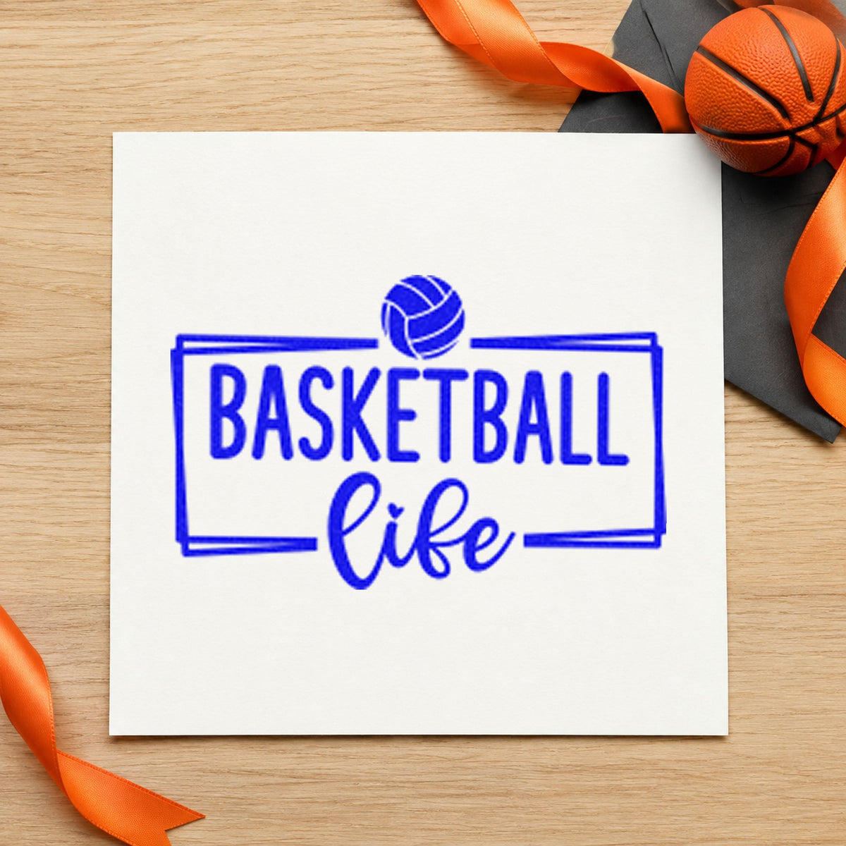 Basketball Life Rectangular Frame craft stamp imprinted in blue ink on paper, a design suited to framed basement bar.