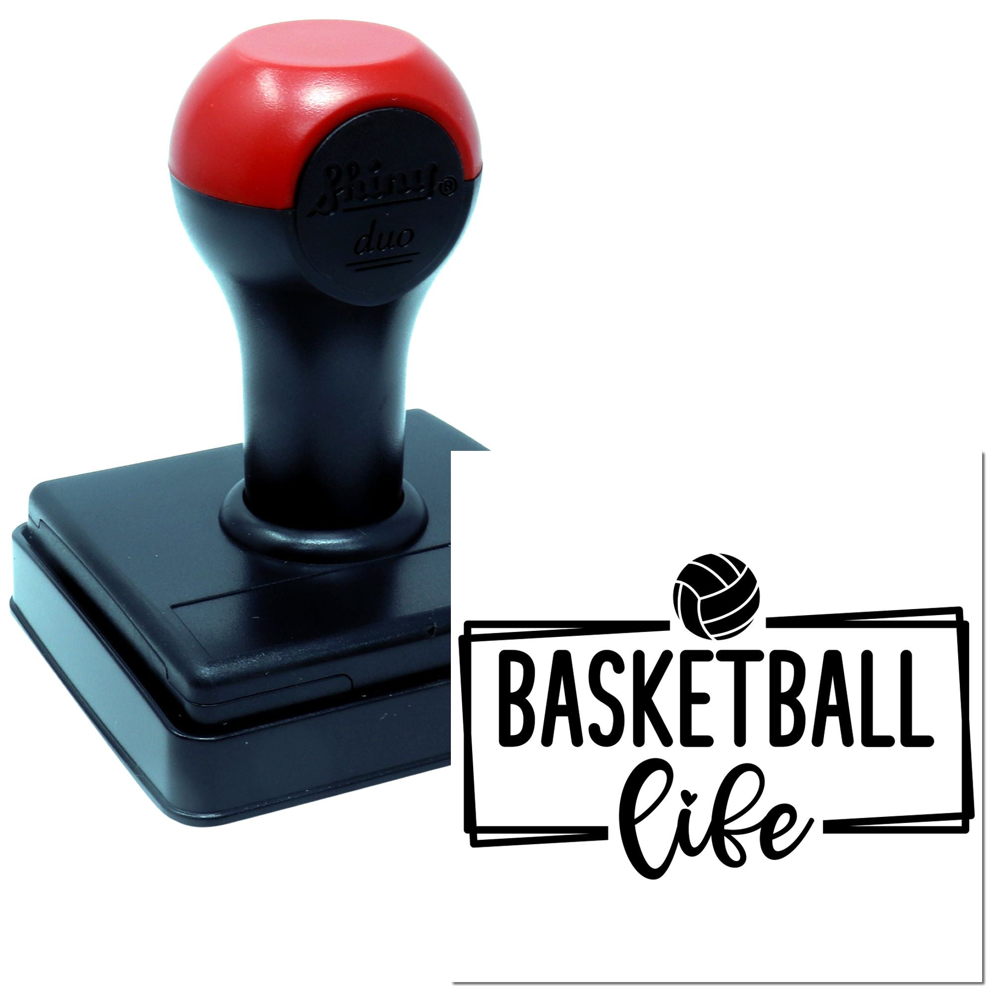 Custom basketball life rubber stamp with self-inking handle for basketball-themed crafts, team branding, and packaging.