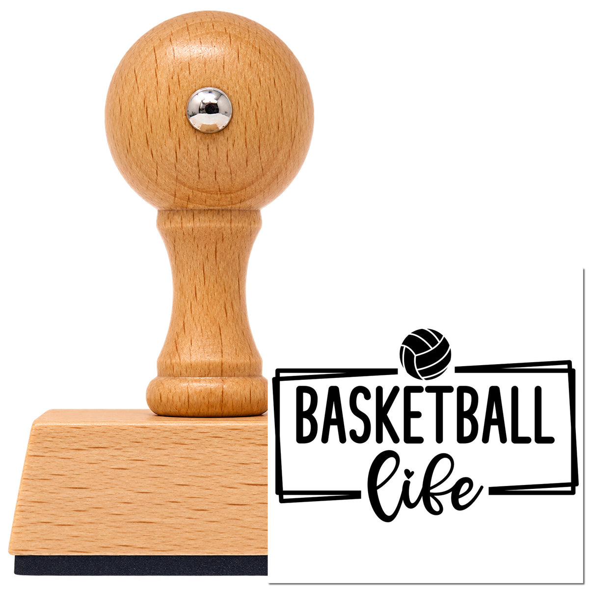 Basketball Life Rectangular Frame Vintage Pro rubber stamp in European beech wood with a round knob handle, shown beside its black imprint.