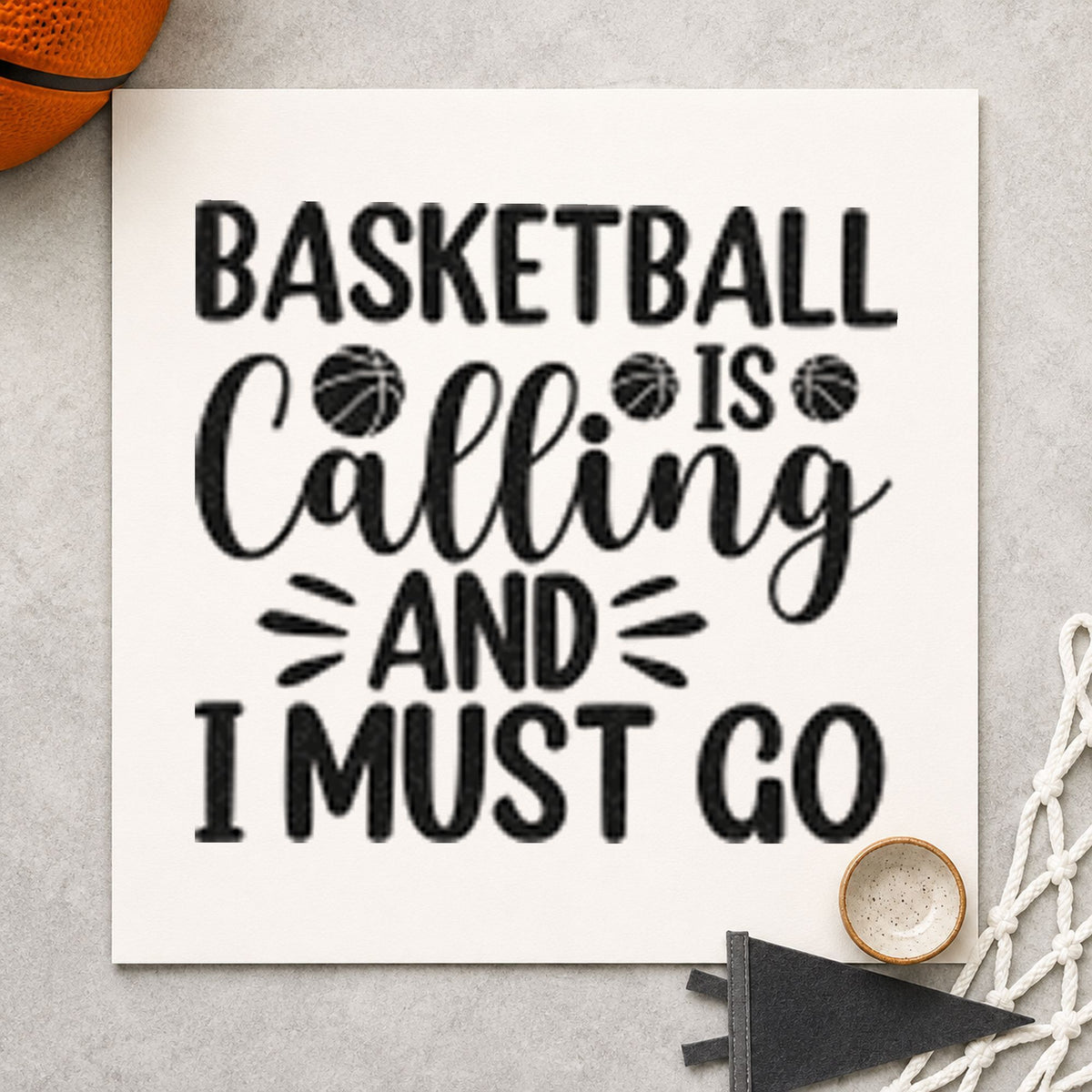 Basketball Calling Must Go craft stamp imprint in black ink on a handmade project, one idea being drive snack gift tags.