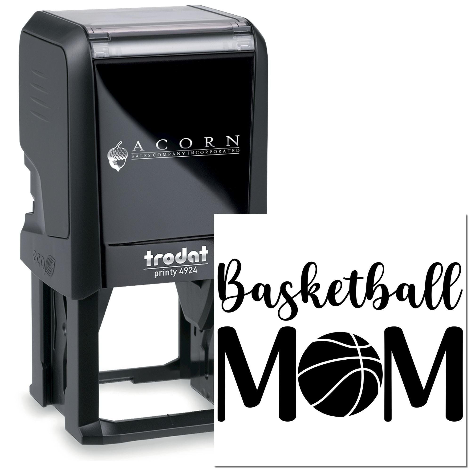 Custom basketball mom self-inking rubber stamp, Trodat Printy 4924, for personalized team spirit and gift labeling.