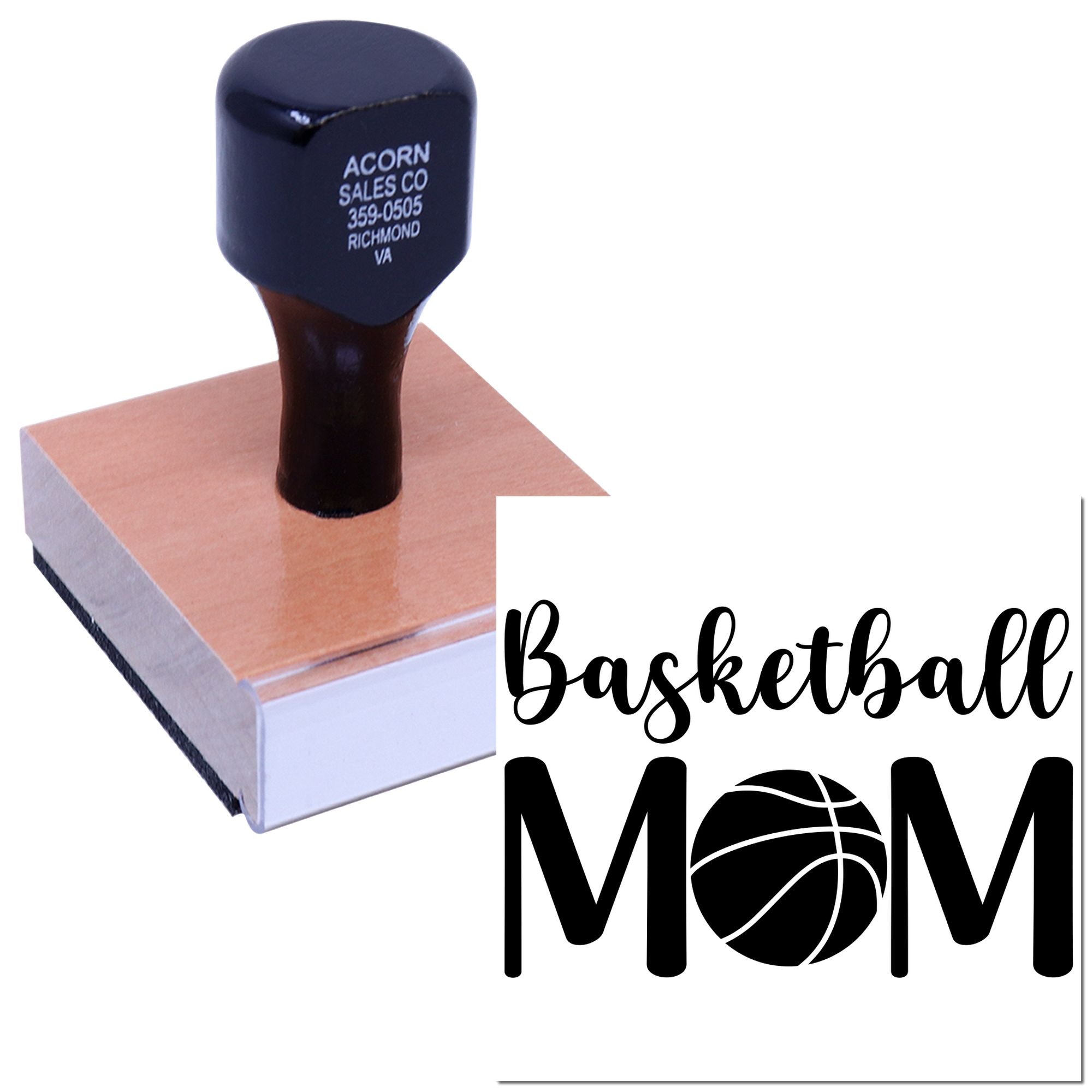 Basketball Mom custom rubber stamp with basketball logo, ideal for sports parent crafts, cards, and team gift packaging.