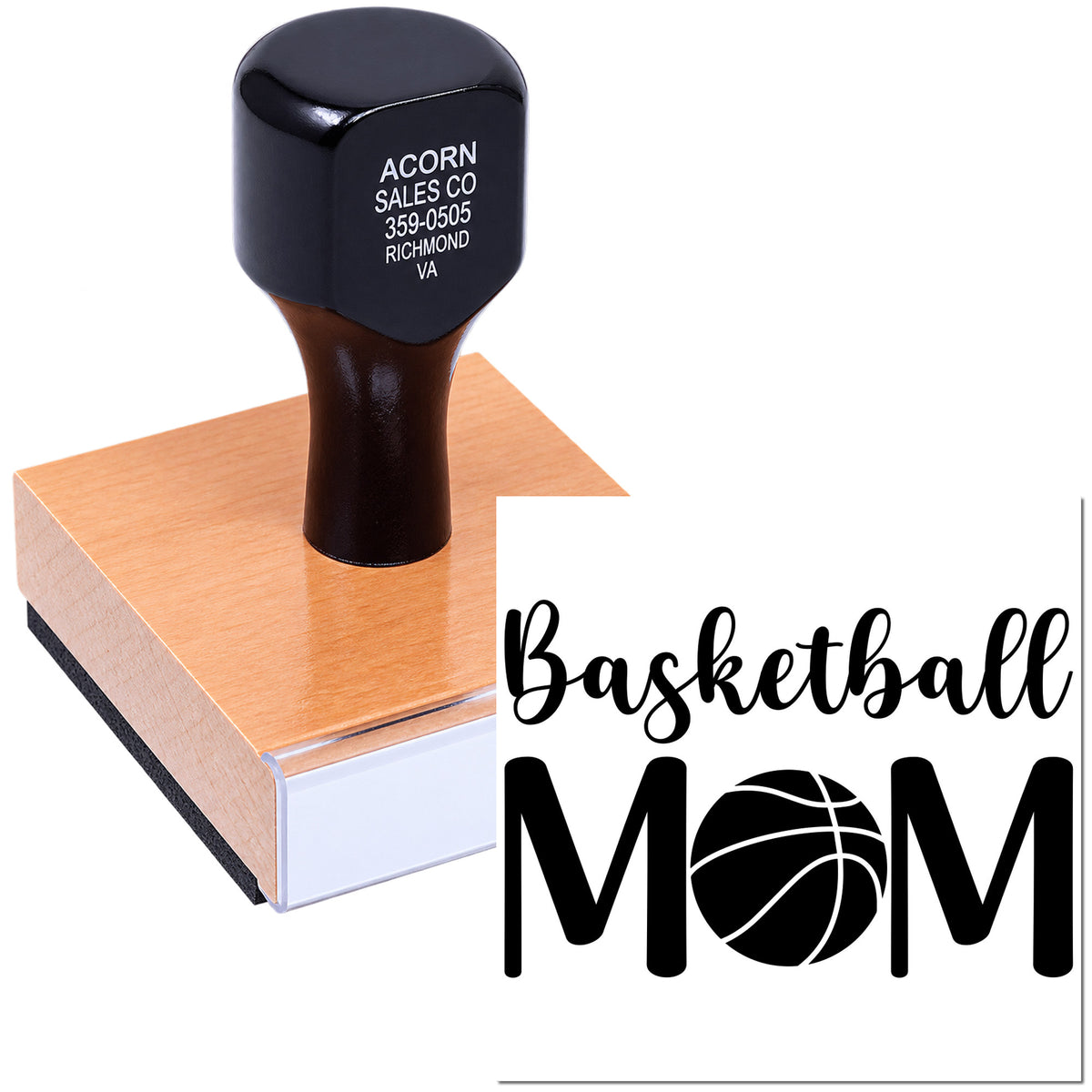 Basketball Mom custom rubber stamp with basketball logo, ideal for sports parent crafts, cards, and team gift packaging.