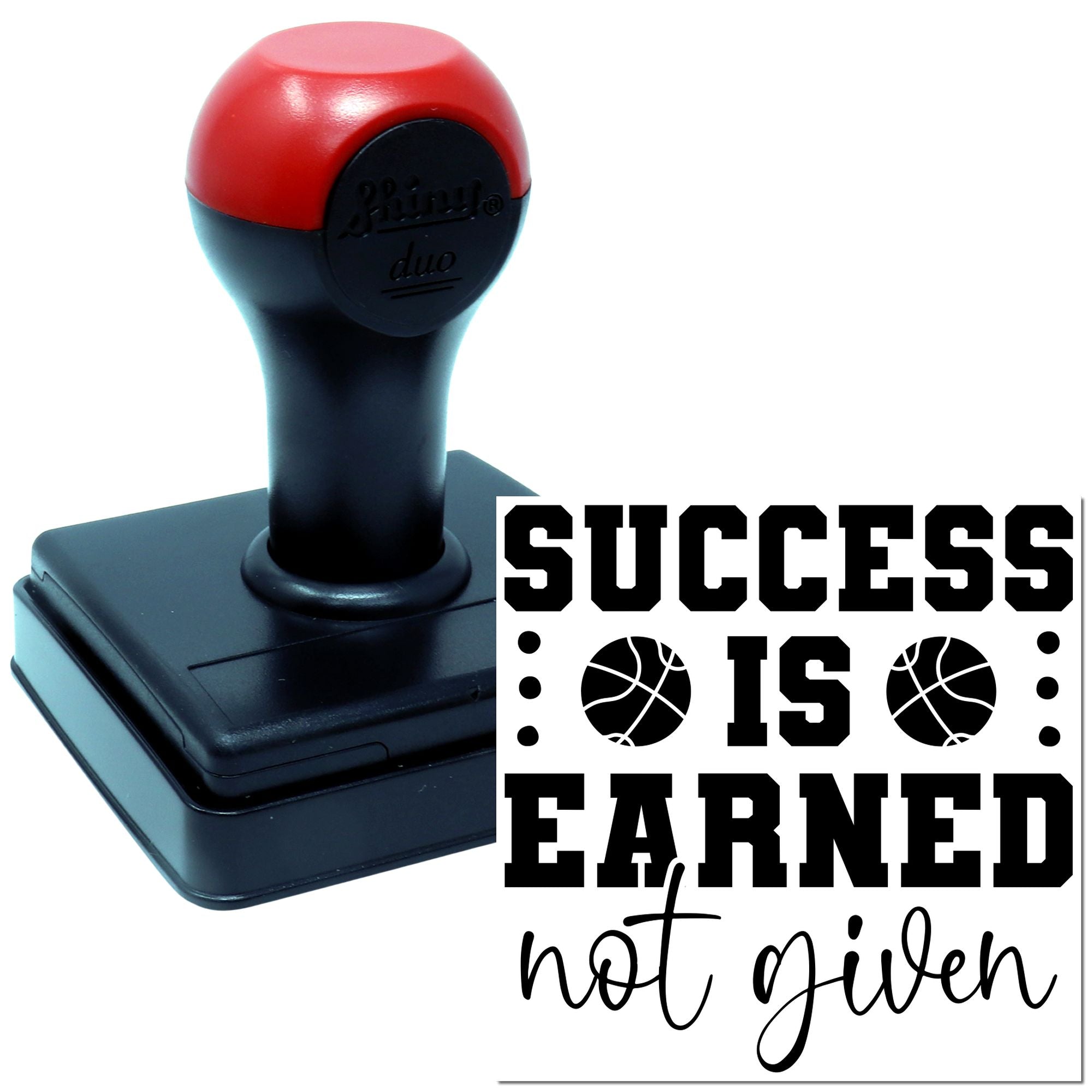 Basketball-themed self-inking rubber stamp with Success Is Earned, Not Given motivational message for coaches and teams