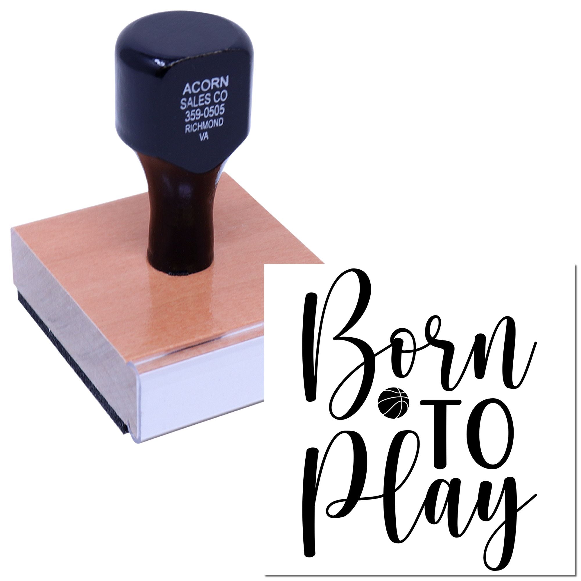 Custom rubber stamp with basketball-themed Born to Play design for personalized crafting and sports branding