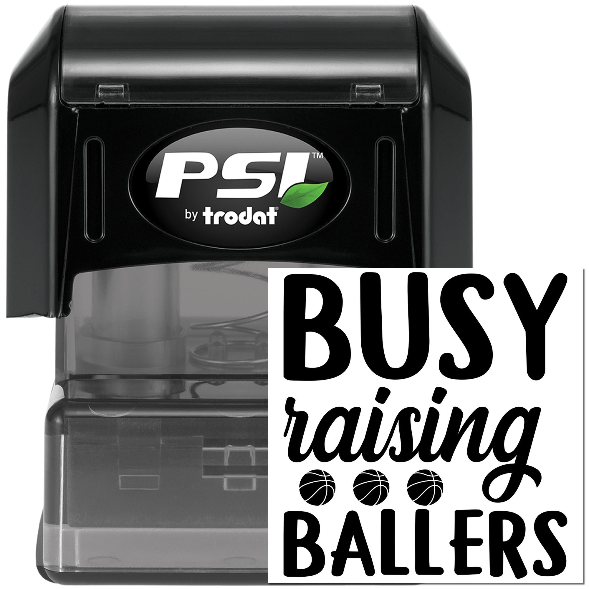 Busy Raising Ballers self-inking rubber stamp by PSI Trodat with basketball icons for sports-themed documents.