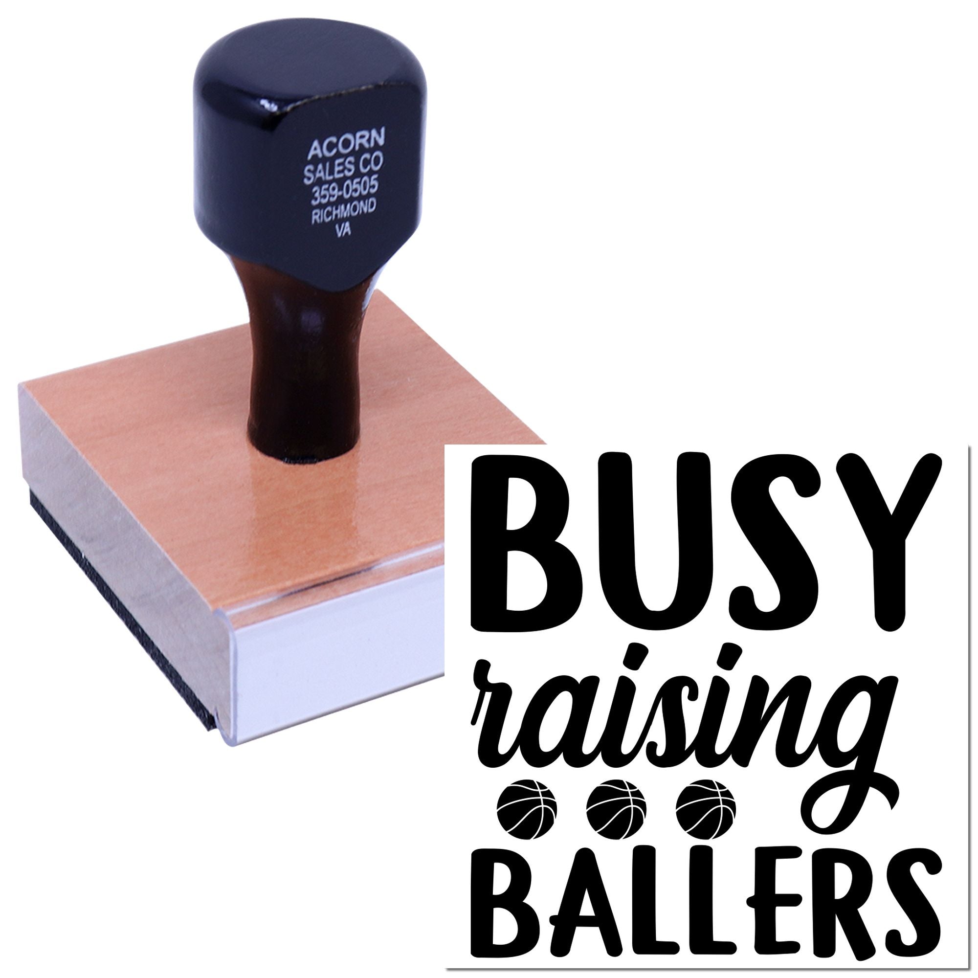 Custom rubber stamp with Busy Raising Ballers basketball design for sports parents, coaches, and team gifts