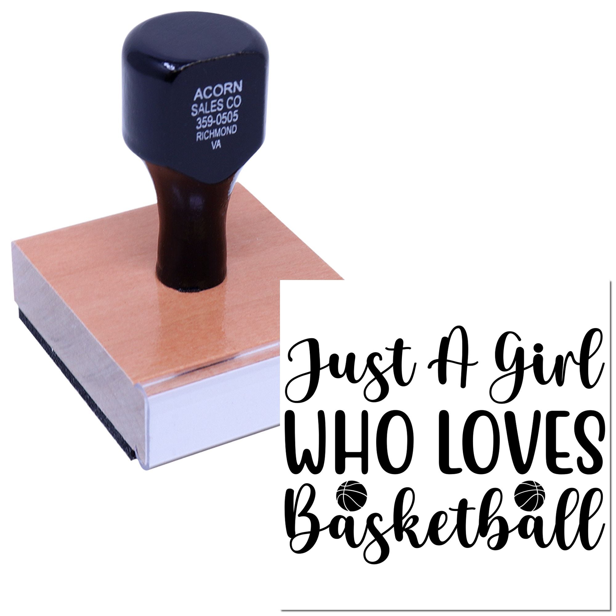 Custom self-inking rubber stamp with Just a Girl Who Loves Basketball design for personalized basketball-themed crafts.