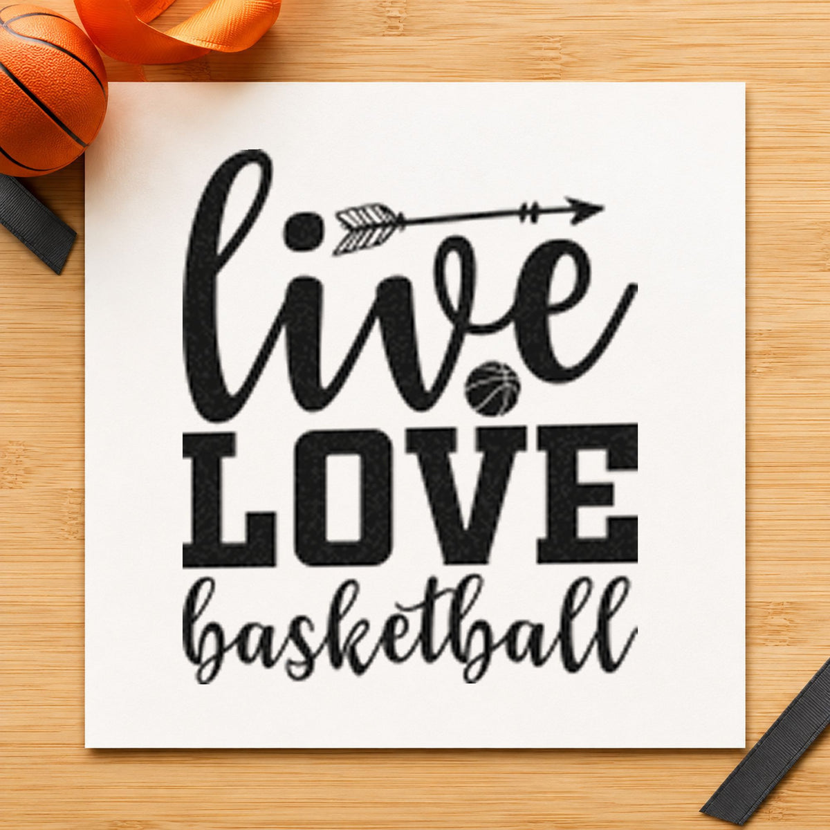 Live Love Basketball Arrow rubber stamp printed in black ink, ready for decor rota sheet and similar paper crafts.