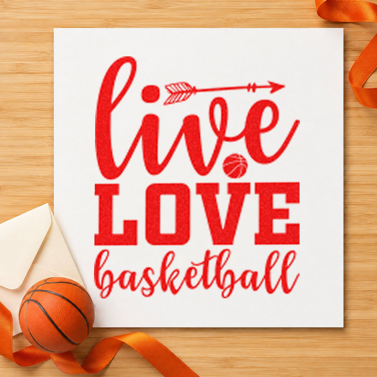 Live Love Basketball Arrow rubber stamp shown in red ink, stamped for projects such as locker player labels.