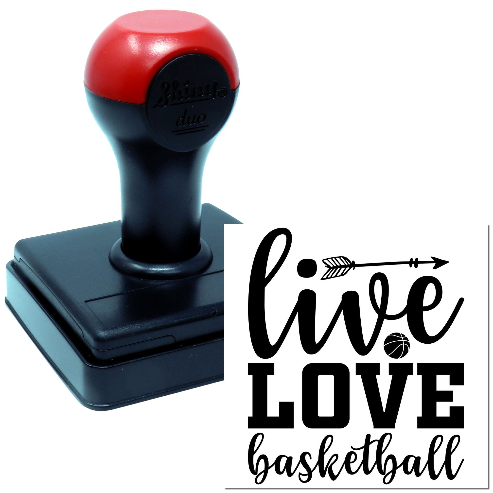 Self-inking rubber stamp with Live Love Basketball design for sports-themed crafts, team gifts, and custom stamping.