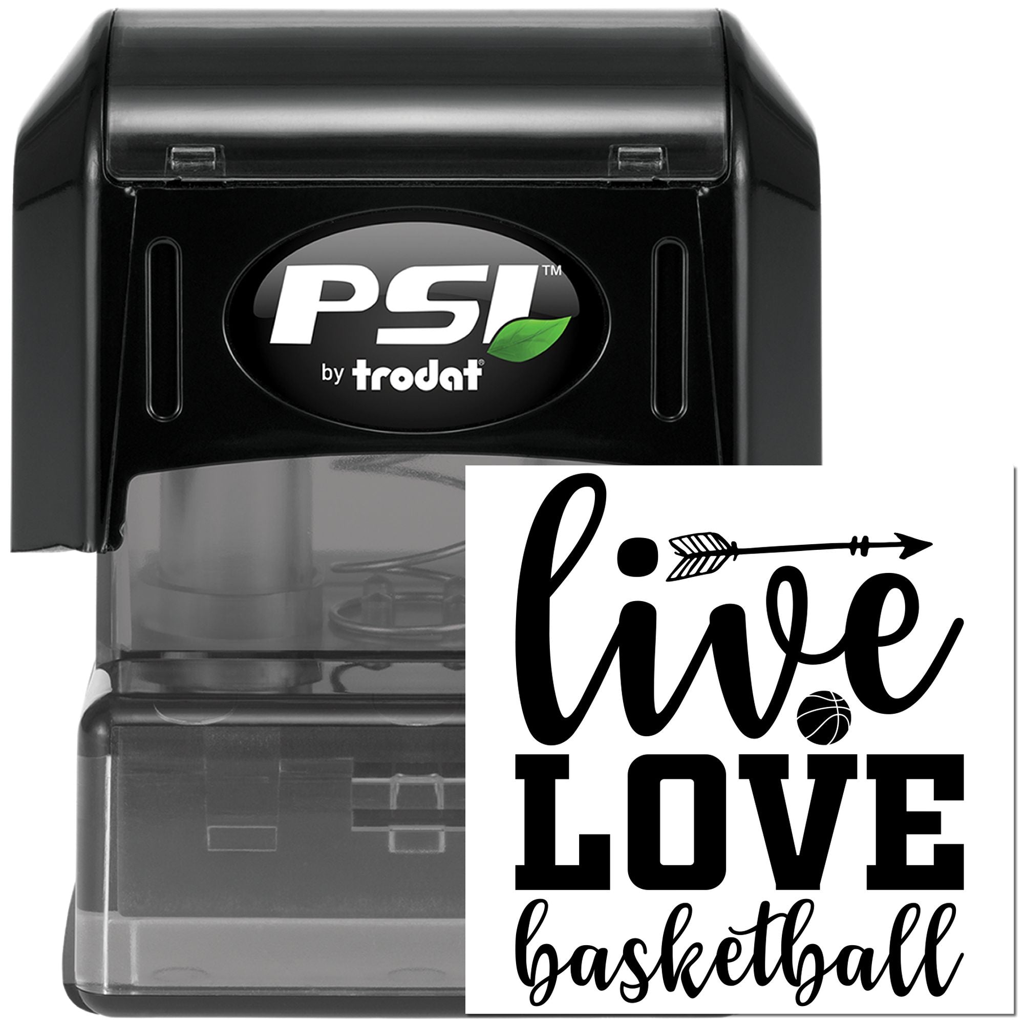 PSI by Trodat self-inking rubber stamp with custom Live Love Basketball design for sports-themed crafting