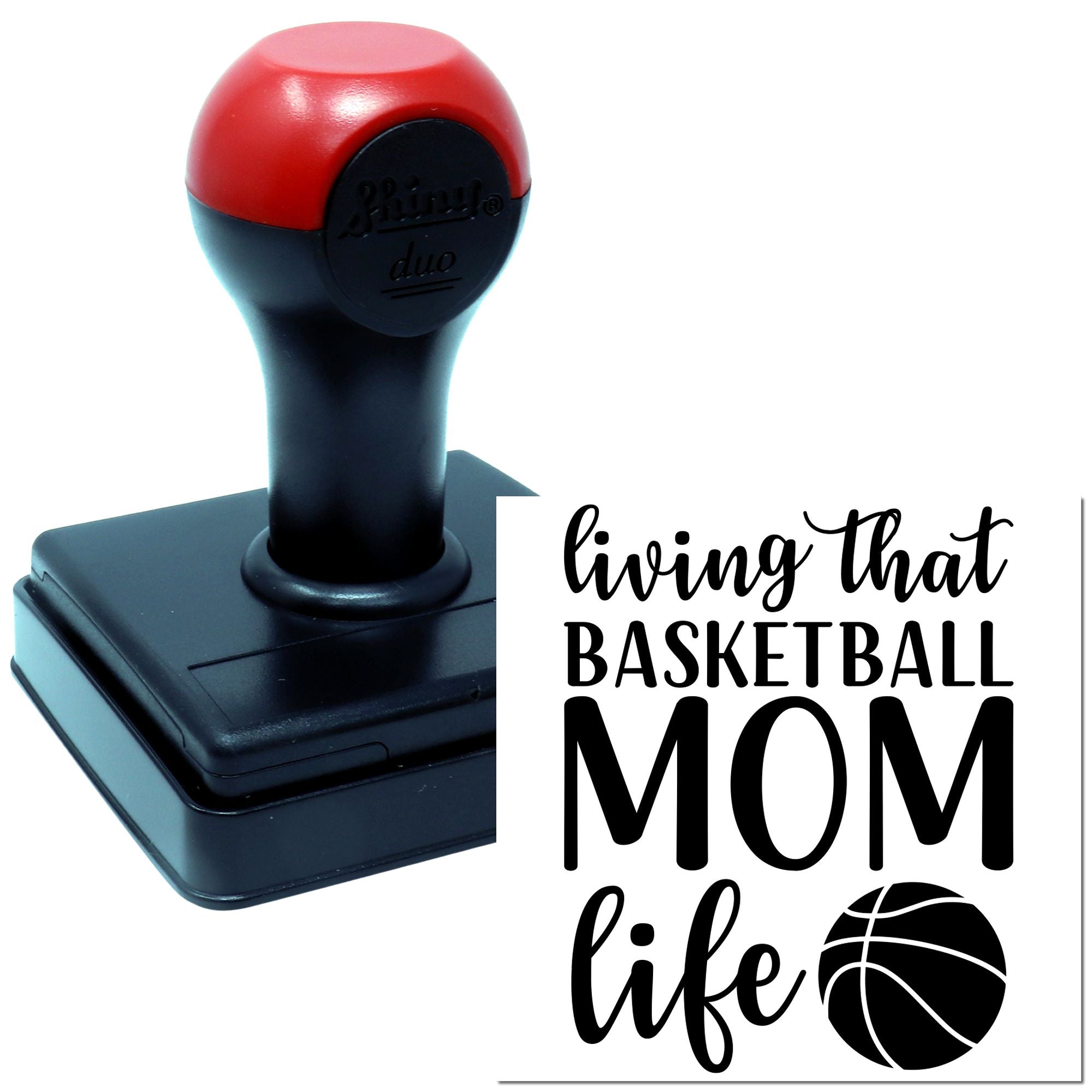 Basketball Mom self-inking rubber stamp with living that basketball mom life and basketball icon design for crafting and gifts