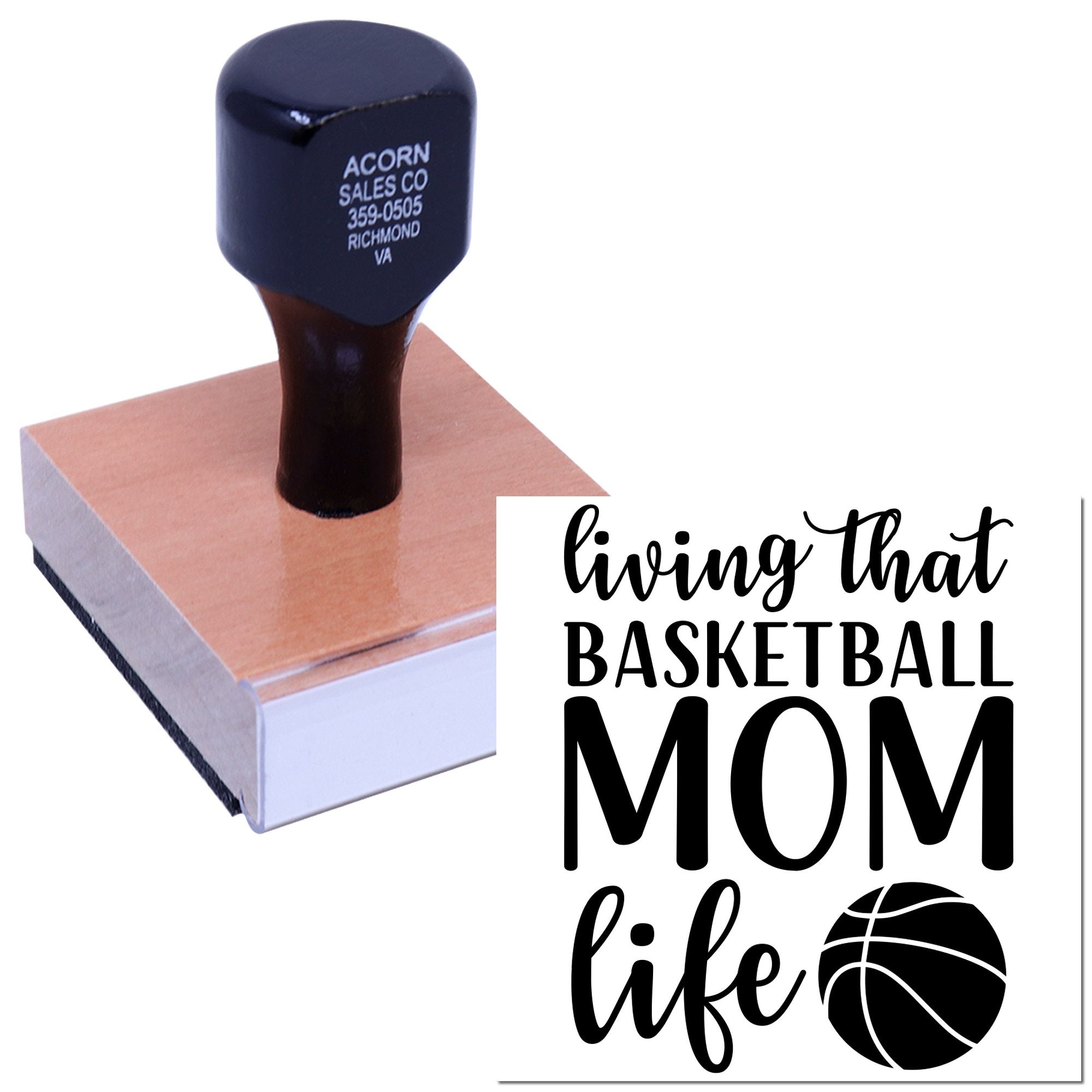 Personalized basketball mom rubber stamp with living that basketball mom life text and basketball icon