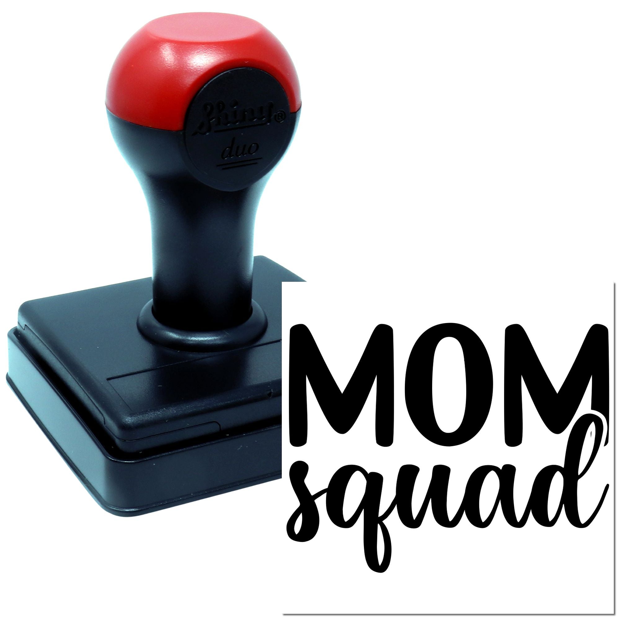 Self-inking rubber stamp with Mom Squad design for custom crafts, gifts, and personalized stationery.