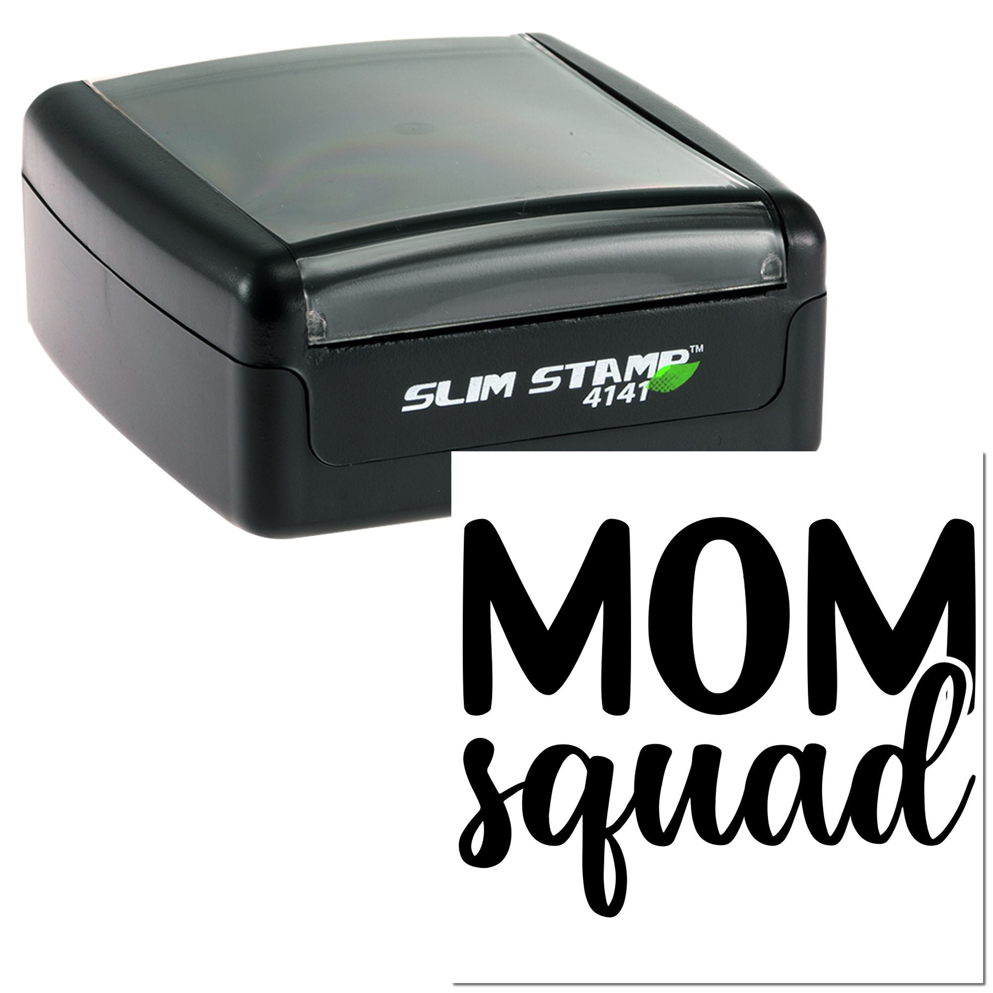 Custom self-inking rubber stamp with Mom Squad design, ideal for personalized gifts, crafts, and branding.