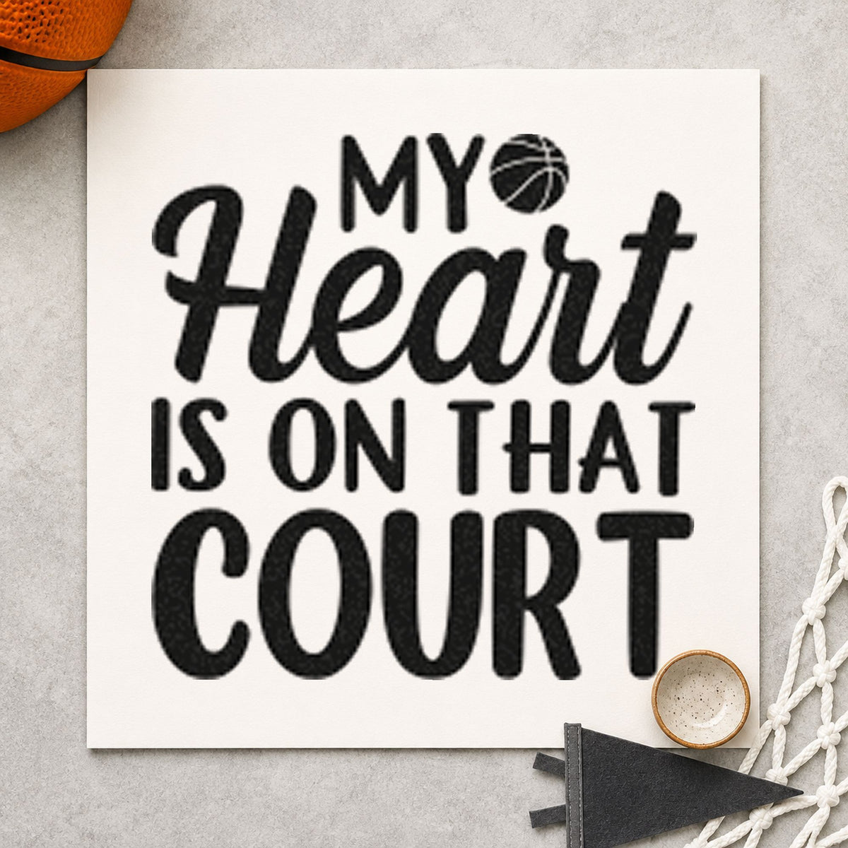 Heart On That Court craft stamp in black ink on cardstock, an easy option for stream album page.