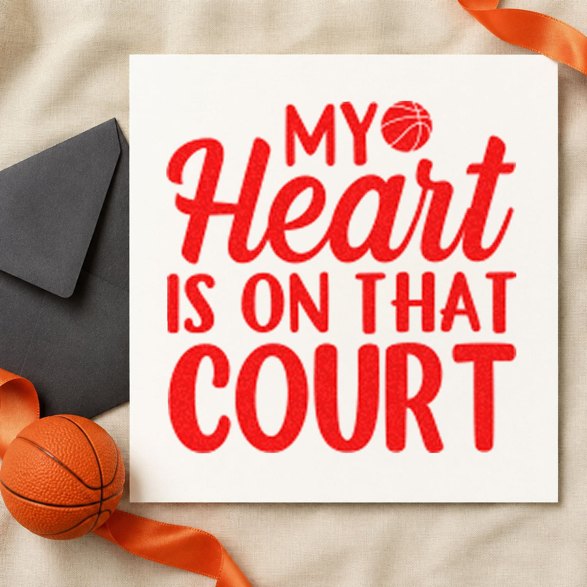 Heart On That Court rubber stamp shown in red ink, stamped for projects such as bin snack labels.