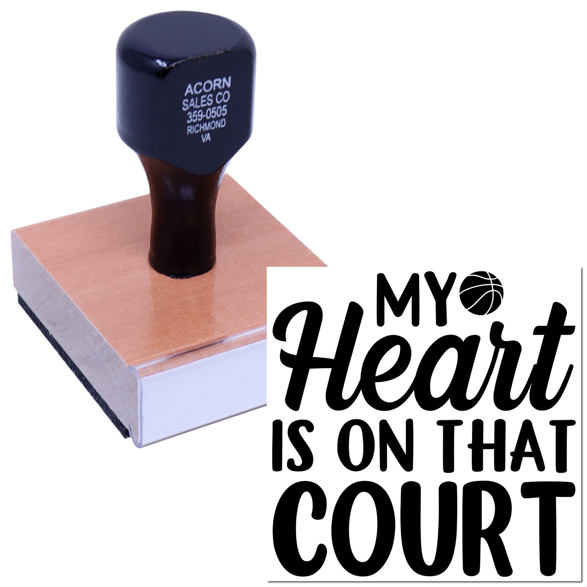Personalized basketball rubber stamp featuring My Heart Is on That Court design for sports fan branding.