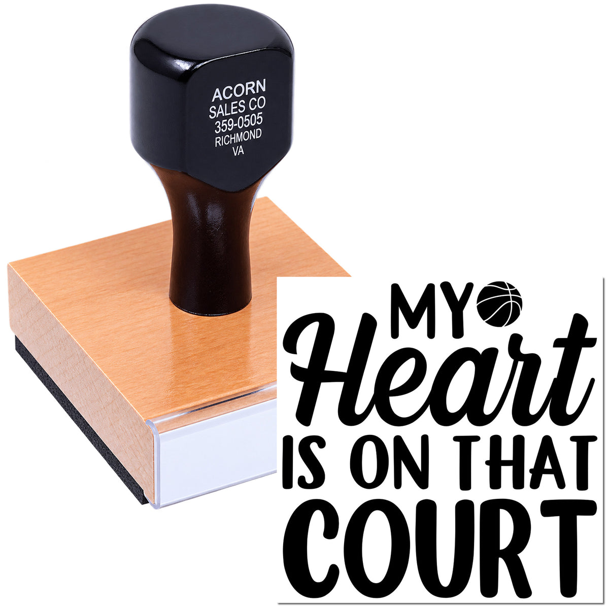Personalized basketball rubber stamp featuring My Heart Is on That Court design for sports fan branding.