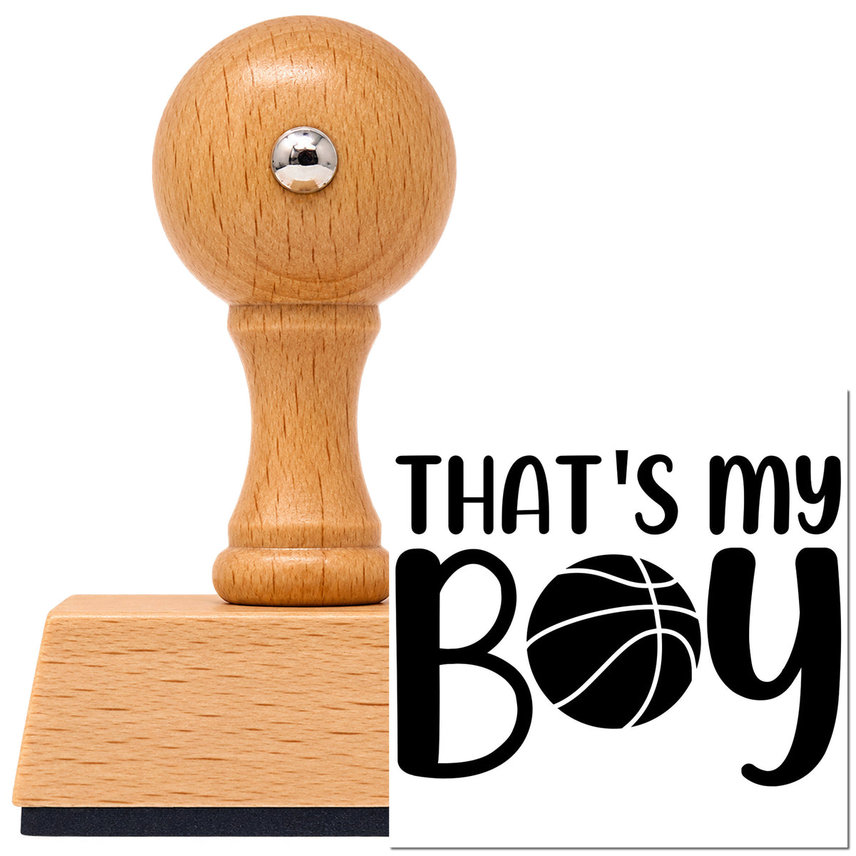 That Is My Boy Vintage Pro rubber stamp in European beech wood with a round knob handle, shown beside its black imprint.