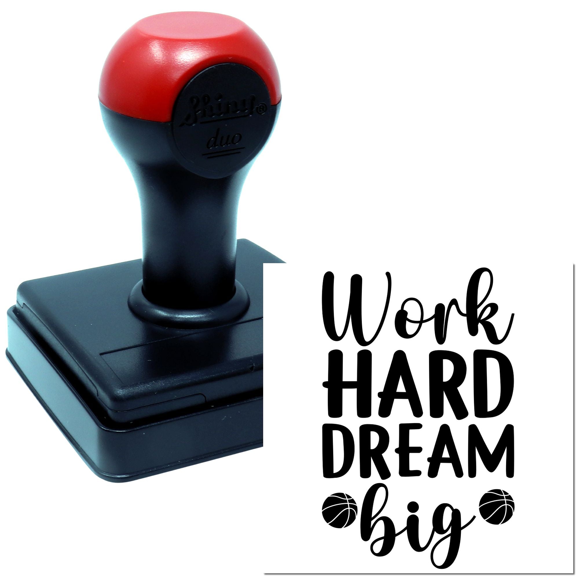 Self-inking rubber stamp with Work Hard Dream Big motivational message for office, teacher, or craft projects.