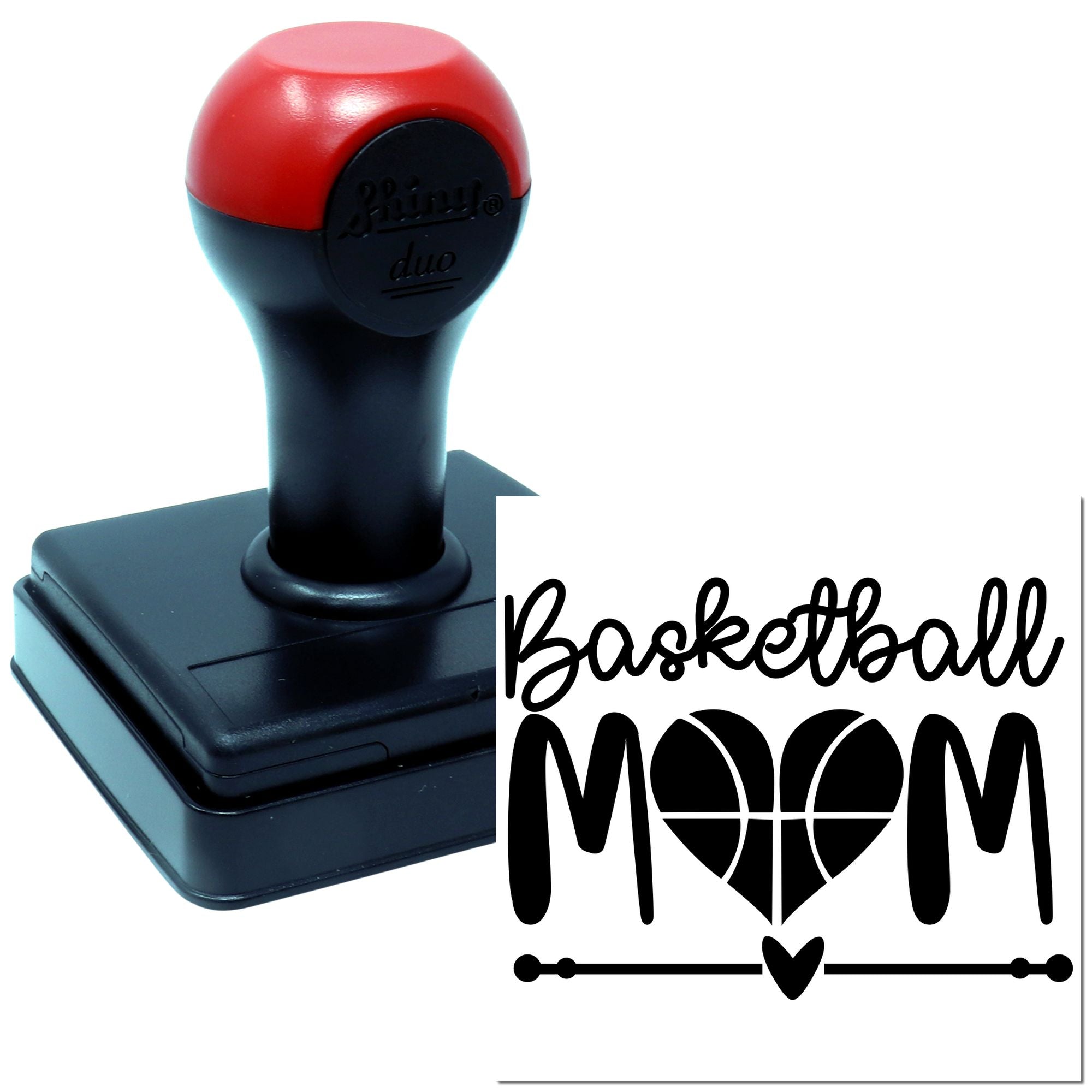 Basketball Mom custom rubber stamp with self-inking handle and heart basketball design