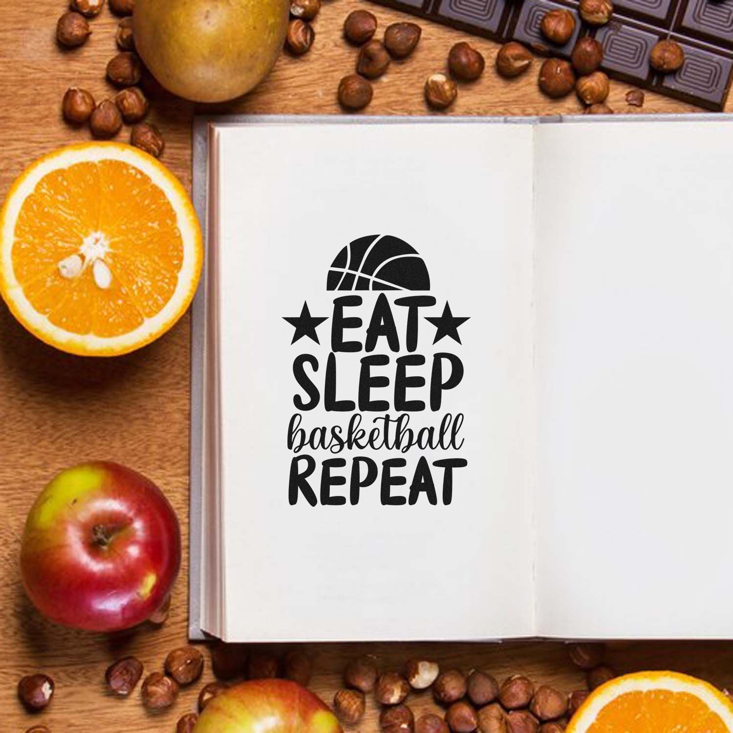Basketball rubber stamp design with Eat Sleep Basketball Repeat for sports journals, team gifts, and fan crafts.