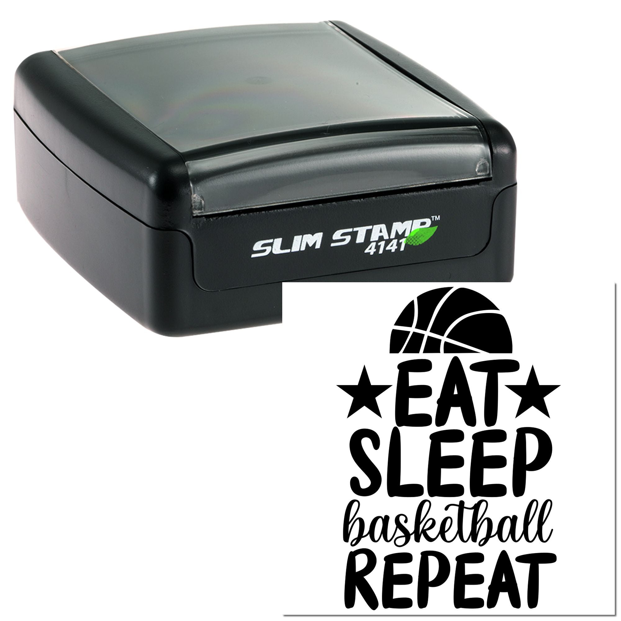Slim Stamp 4141 rubber stamp with Eat Sleep Basketball Repeat design for custom sports labeling and crafting