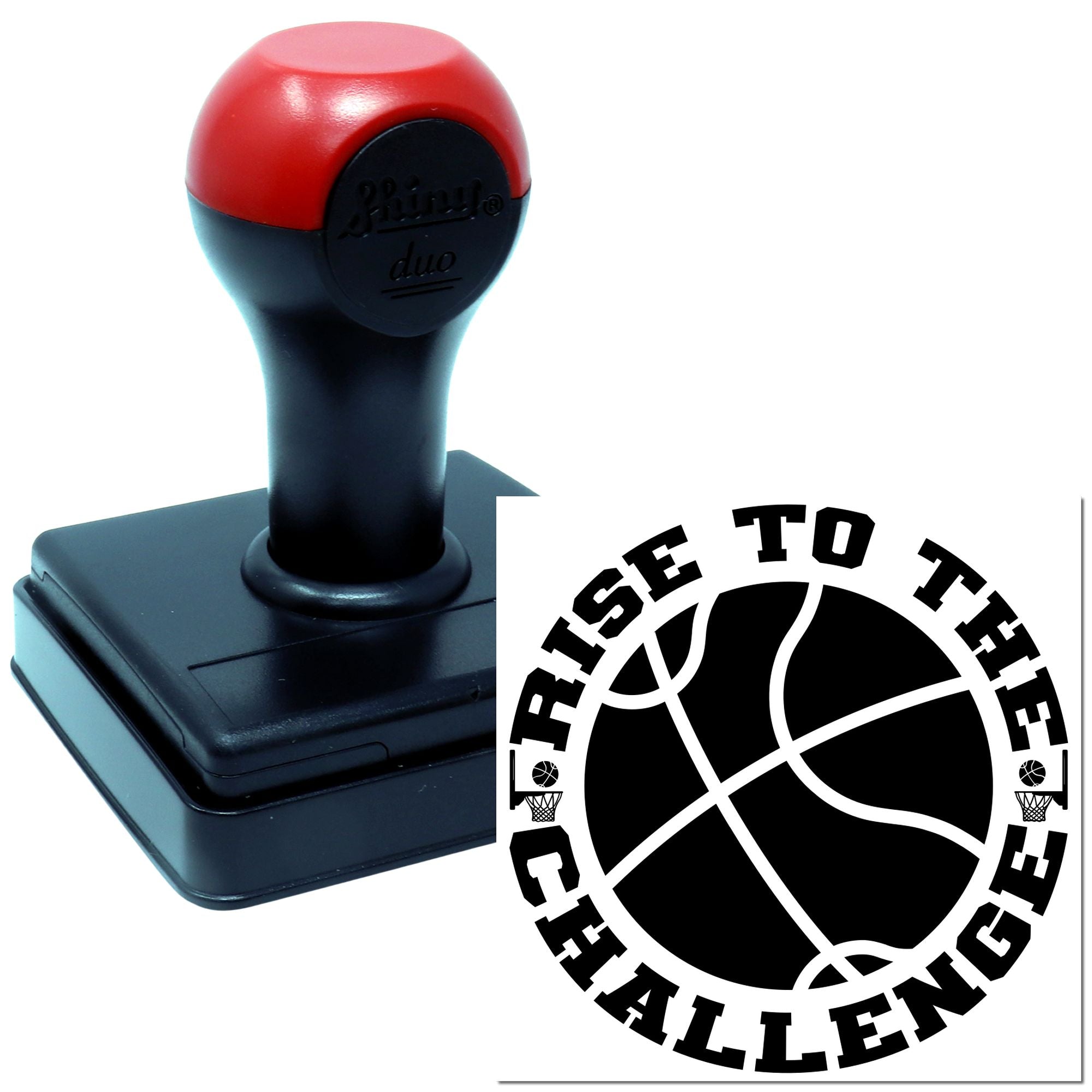Self-inking basketball rubber stamp with Rise to the Challenge design for team, school, or sports branding.